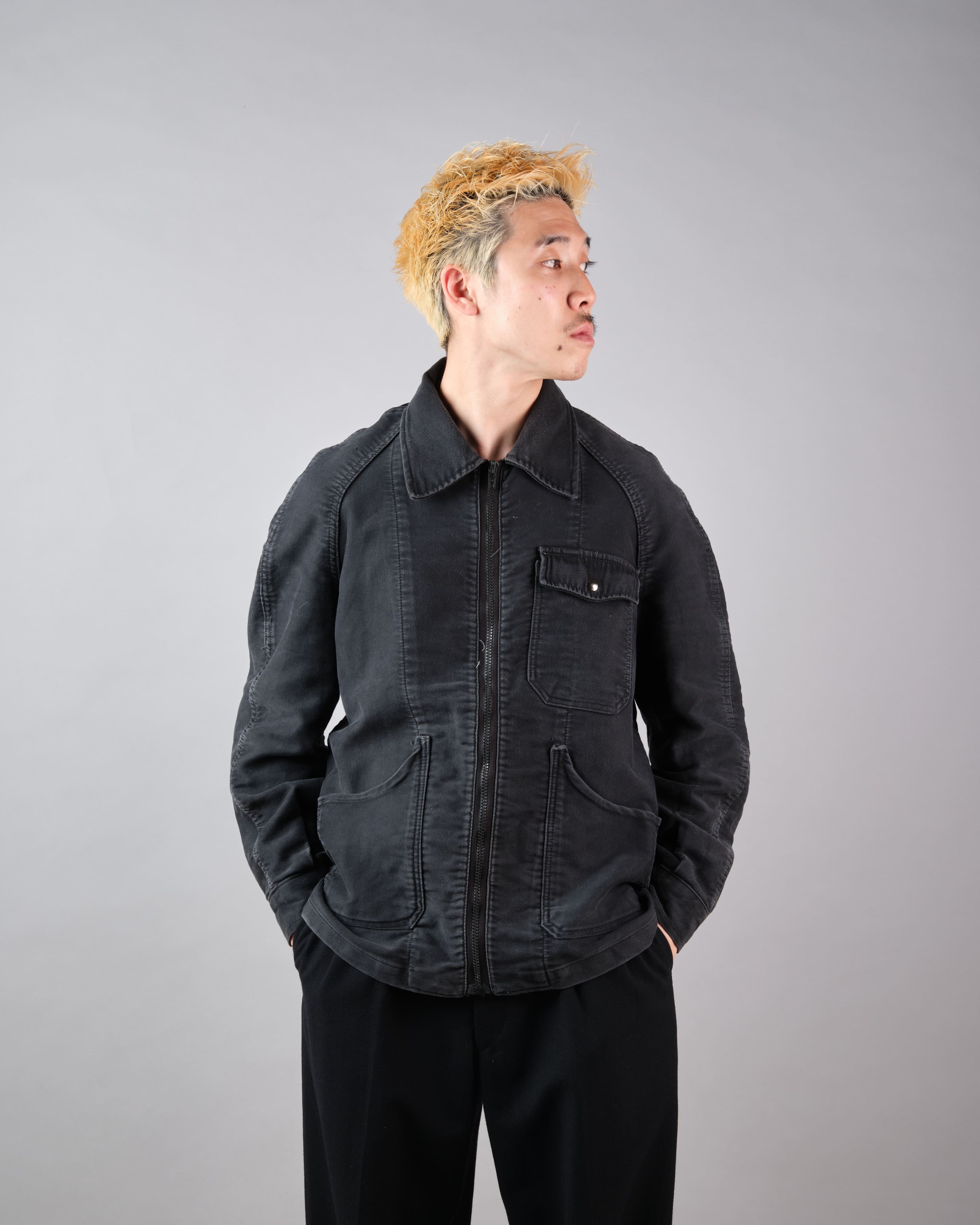 【~70's】Europe Vintage Raglan Sleeve Black Moleskin Zip Up Jacket