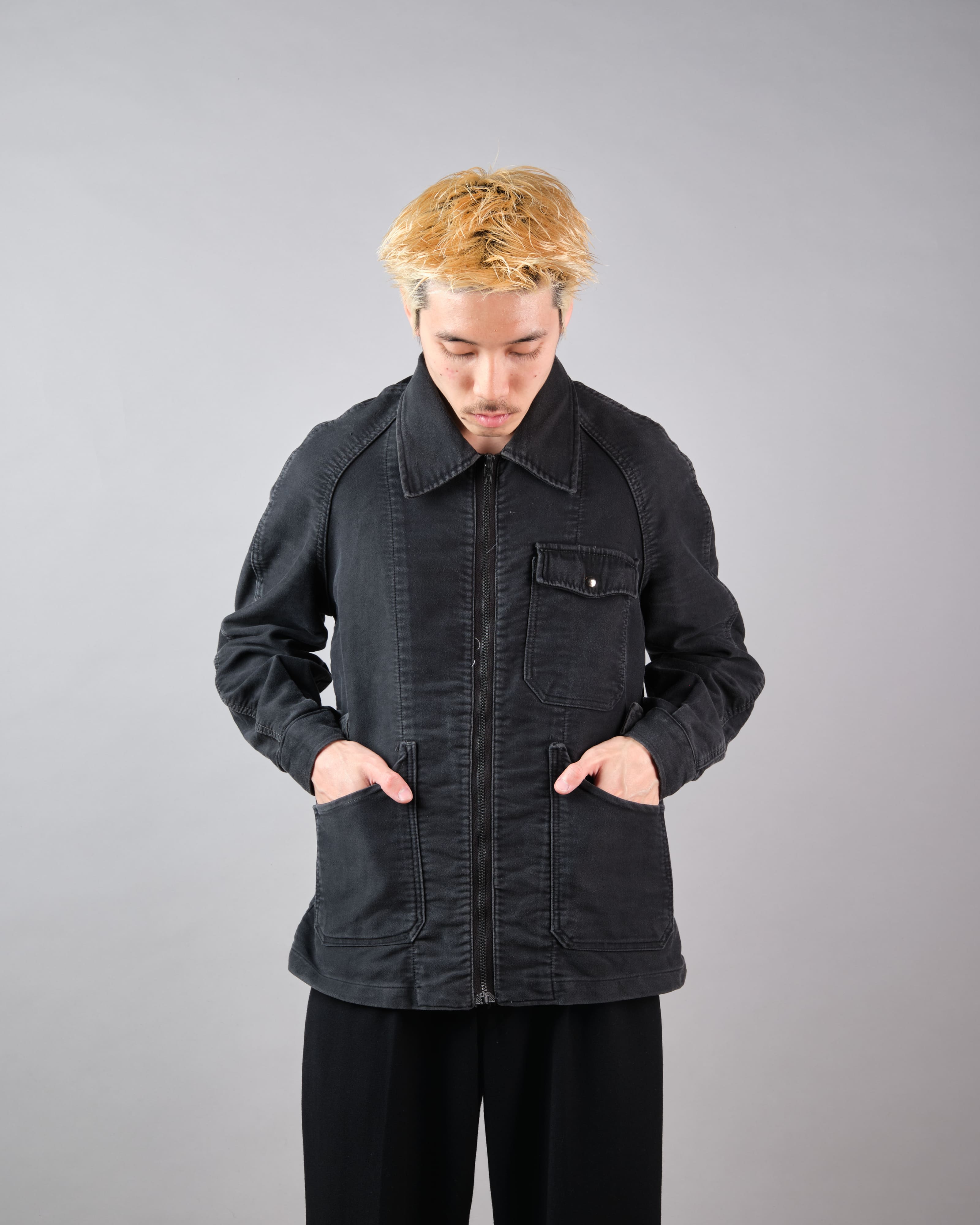 【~70's】Europe Vintage Raglan Sleeve Black Moleskin Zip Up Jacket