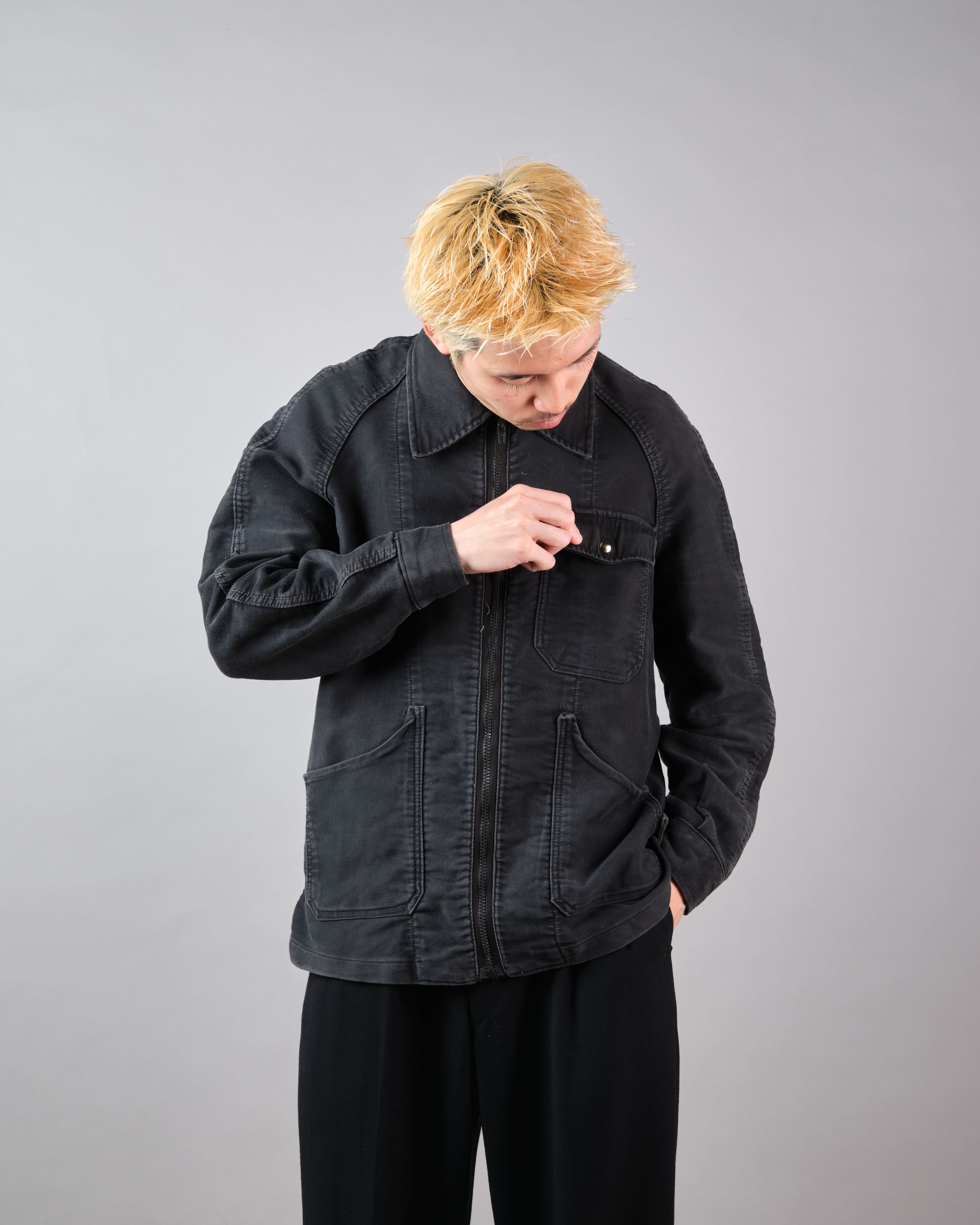 【~70's】Europe Vintage Raglan Sleeve Black Moleskin Zip Up Jacket