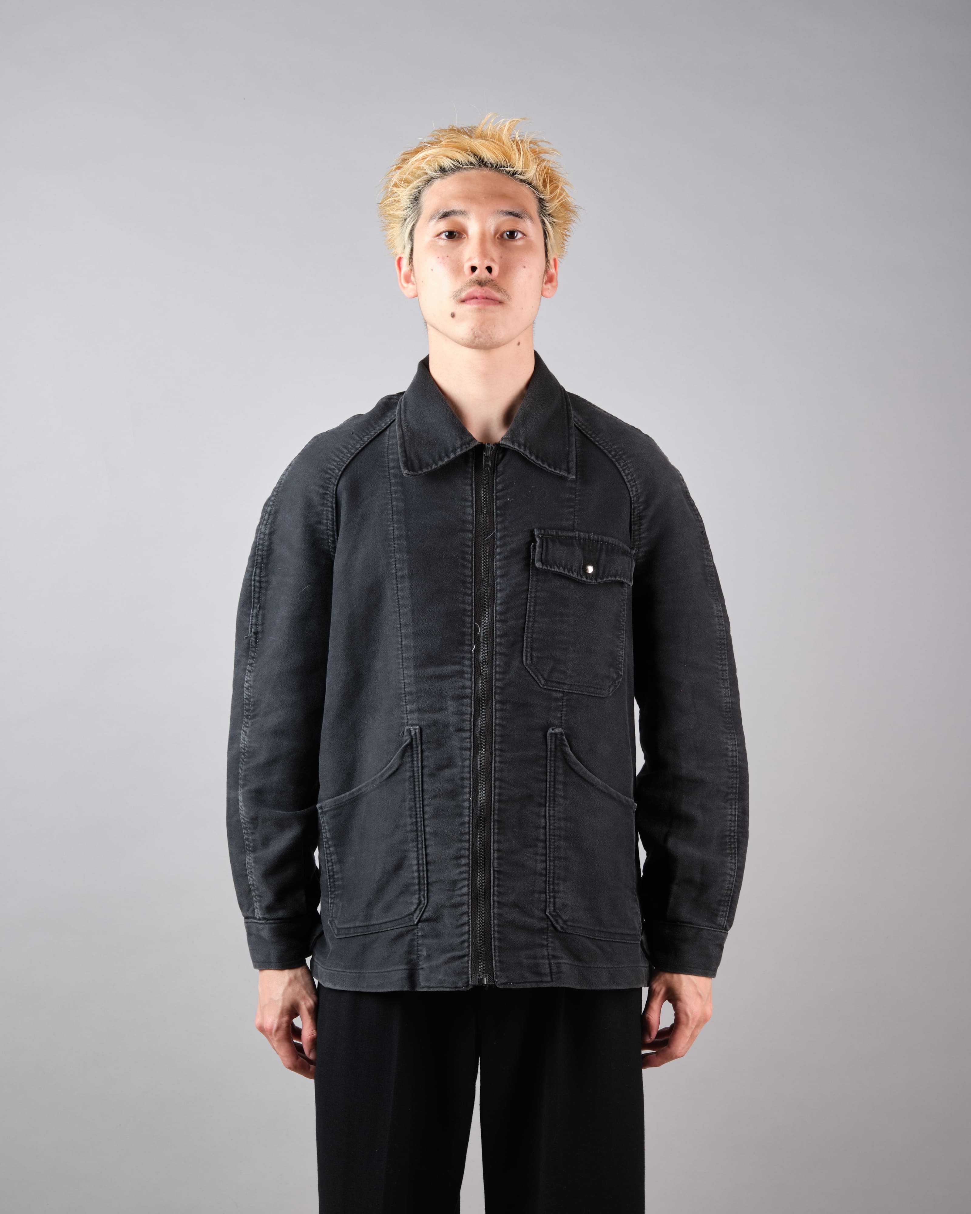 【~70's】Europe Vintage Raglan Sleeve Black Moleskin Zip Up Jacket