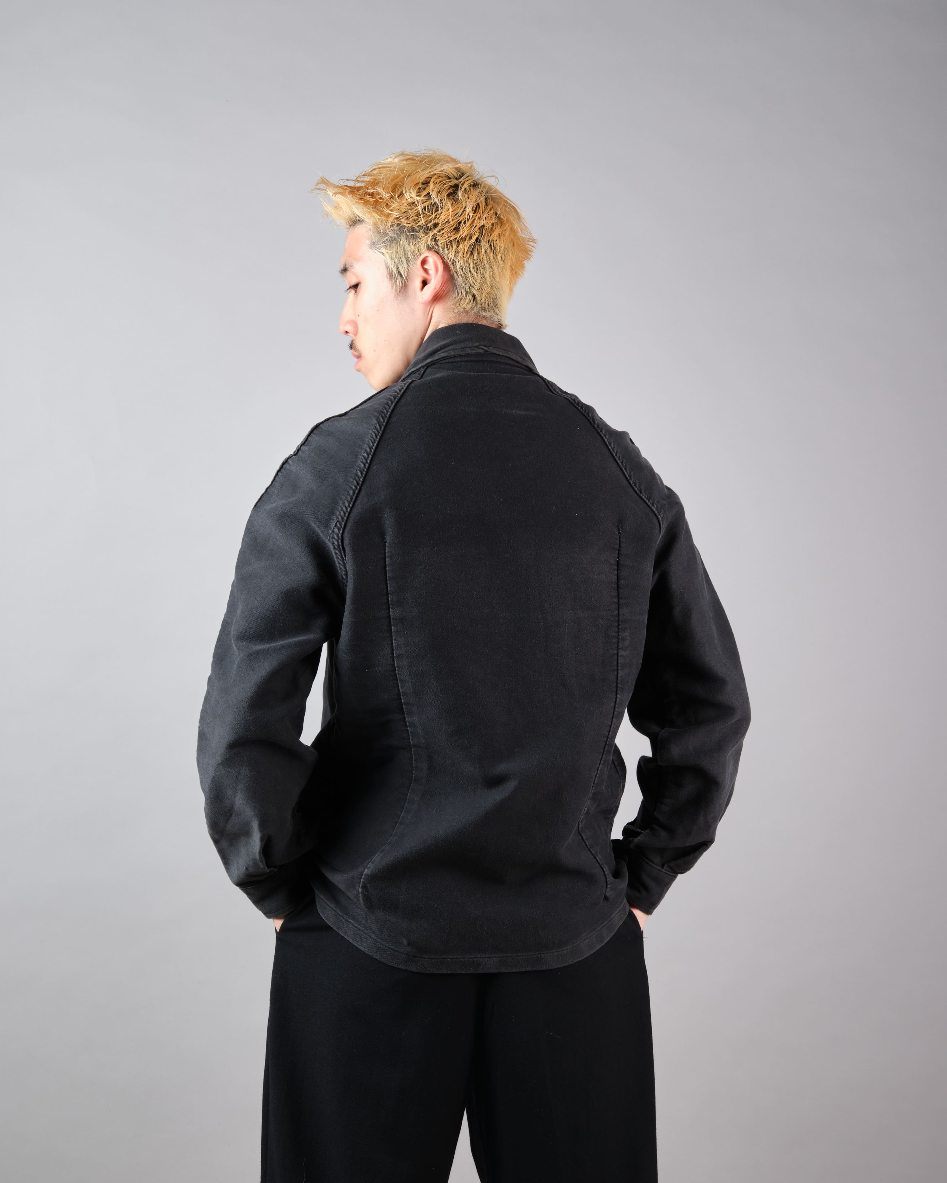 【~70's】Europe Vintage Raglan Sleeve Black Moleskin Zip Up Jacket