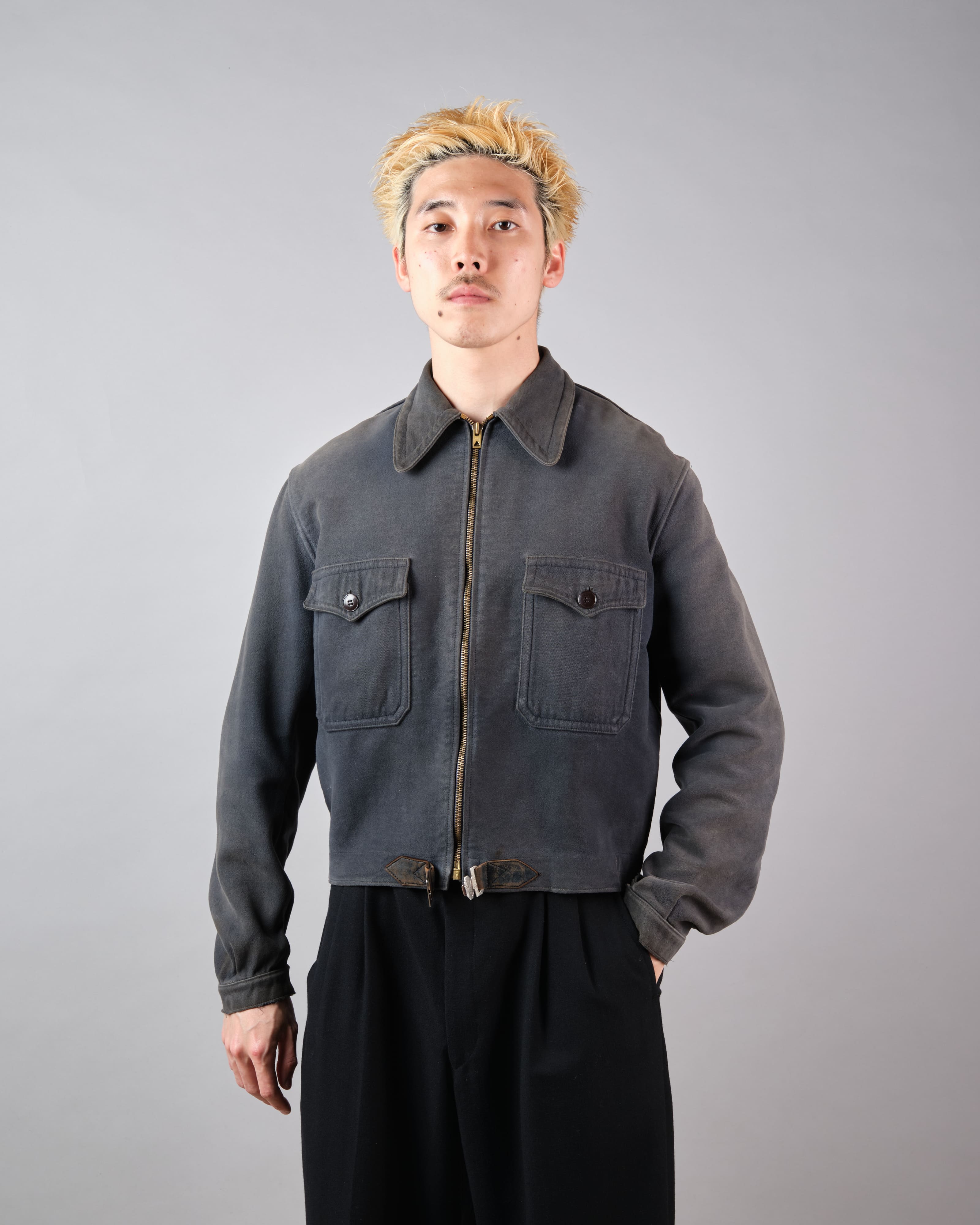 【~40's】French Vintage Dark Navy Peachskin Cyclist Jacket