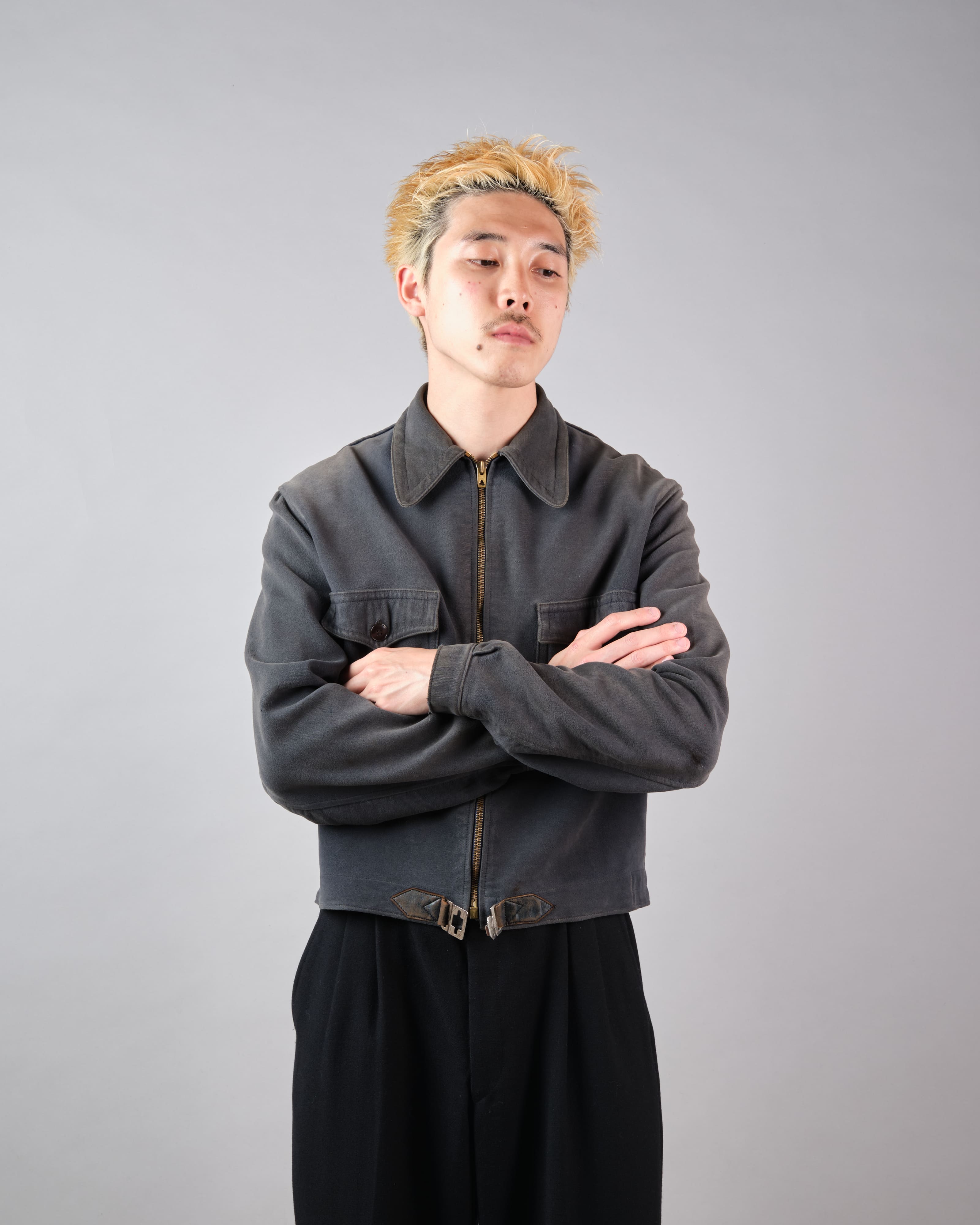 【~40's】French Vintage Dark Navy Peachskin Cyclist Jacket