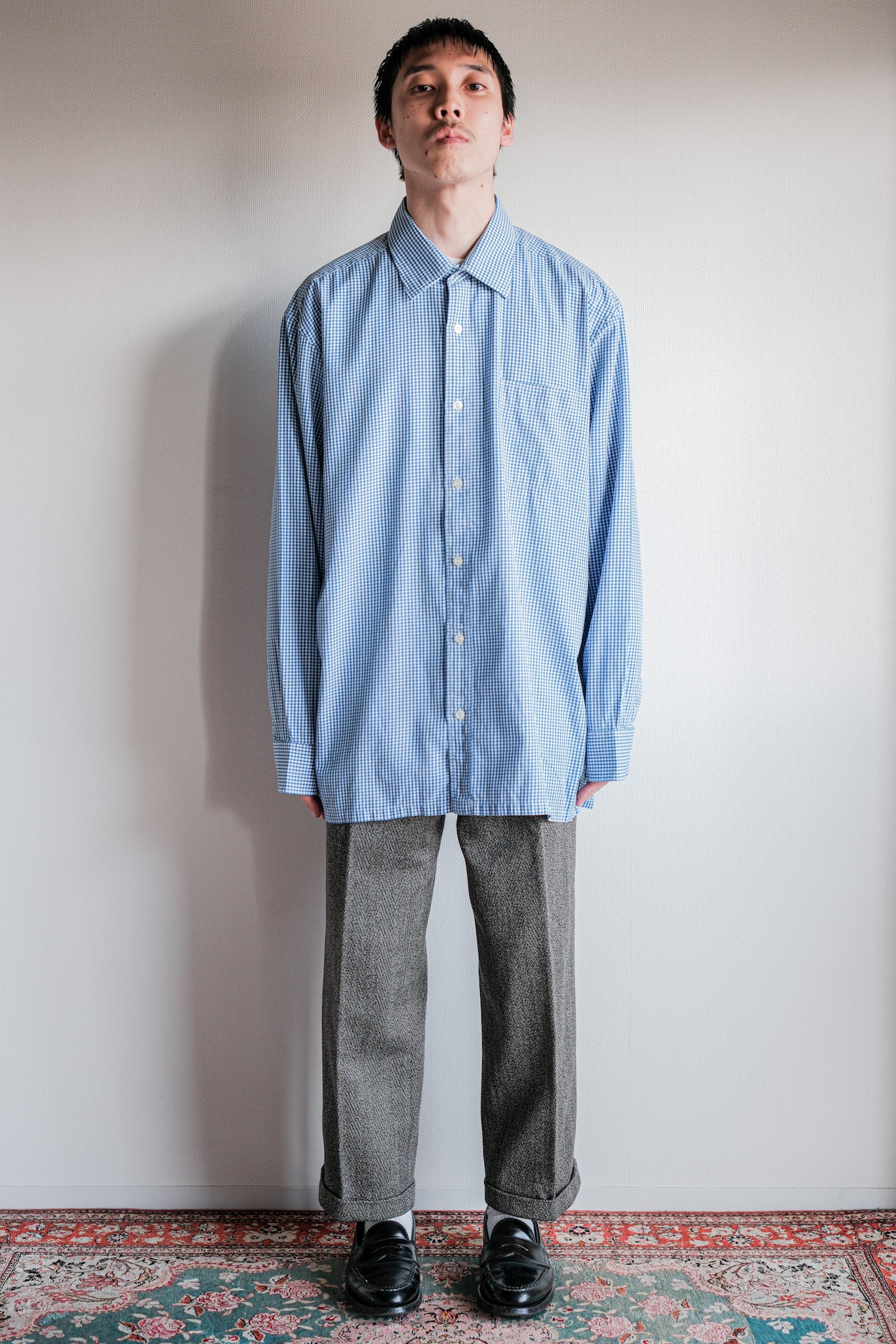 【~00's】Old Charvet Cotton Checked Dress Shirt "Bespoke"