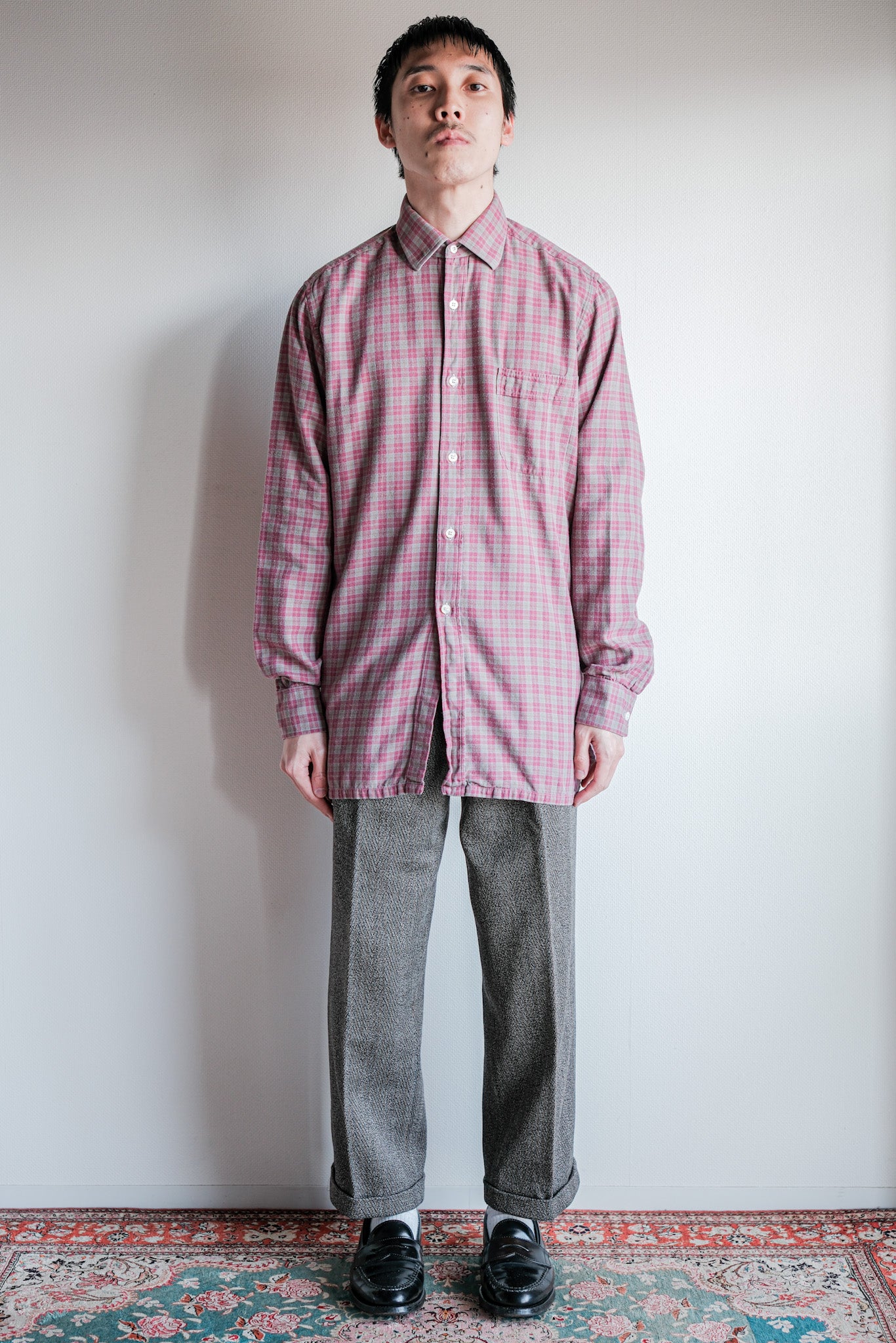 【~00's】Old Charvet Cotton Checked Shirt Size.38