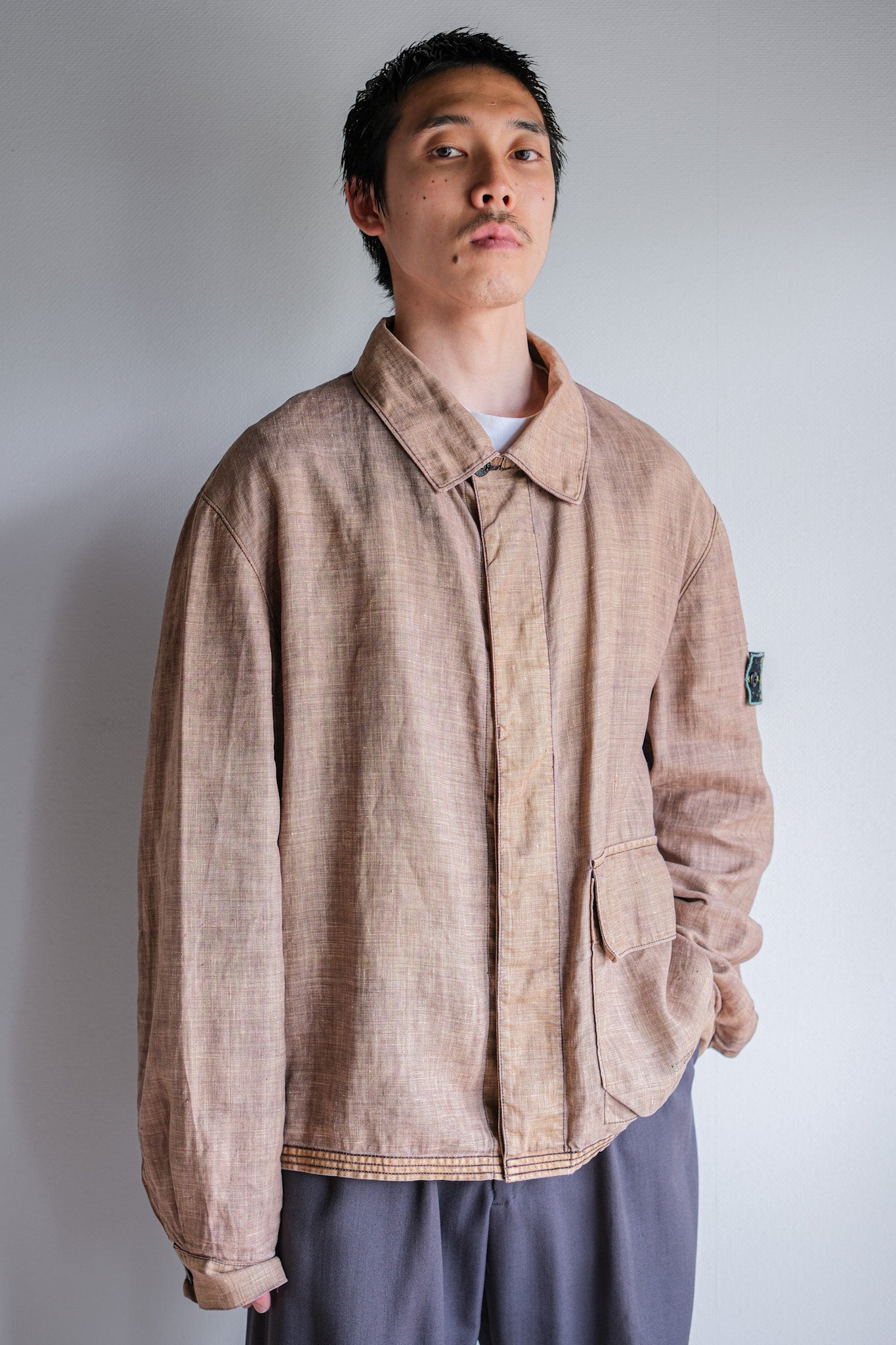 【97SS】Old STONE ISLAND Garment Dyed Lino Flax Cotton Jacket Size.L "Green Edge"