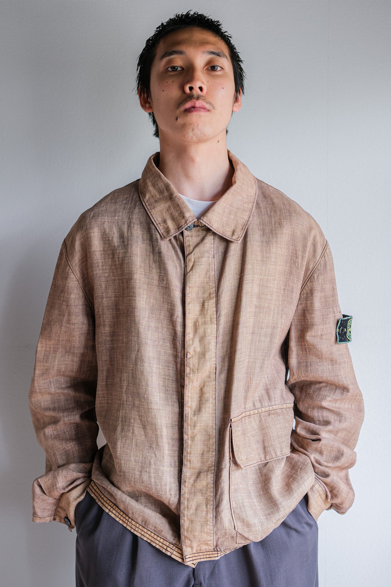 【97SS】Old STONE ISLAND Garment Dyed Lino Flax Cotton Jacket Size.L "Green Edge"