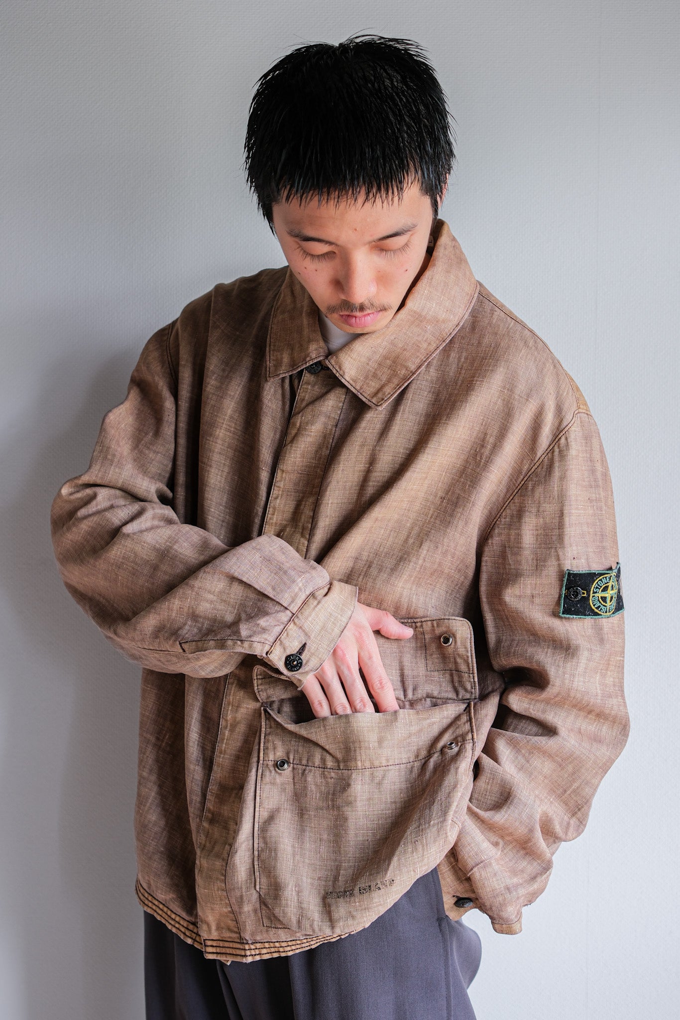 【97SS】Old STONE ISLAND Garment Dyed Lino Flax Cotton Jacket Size.L "Green Edge"