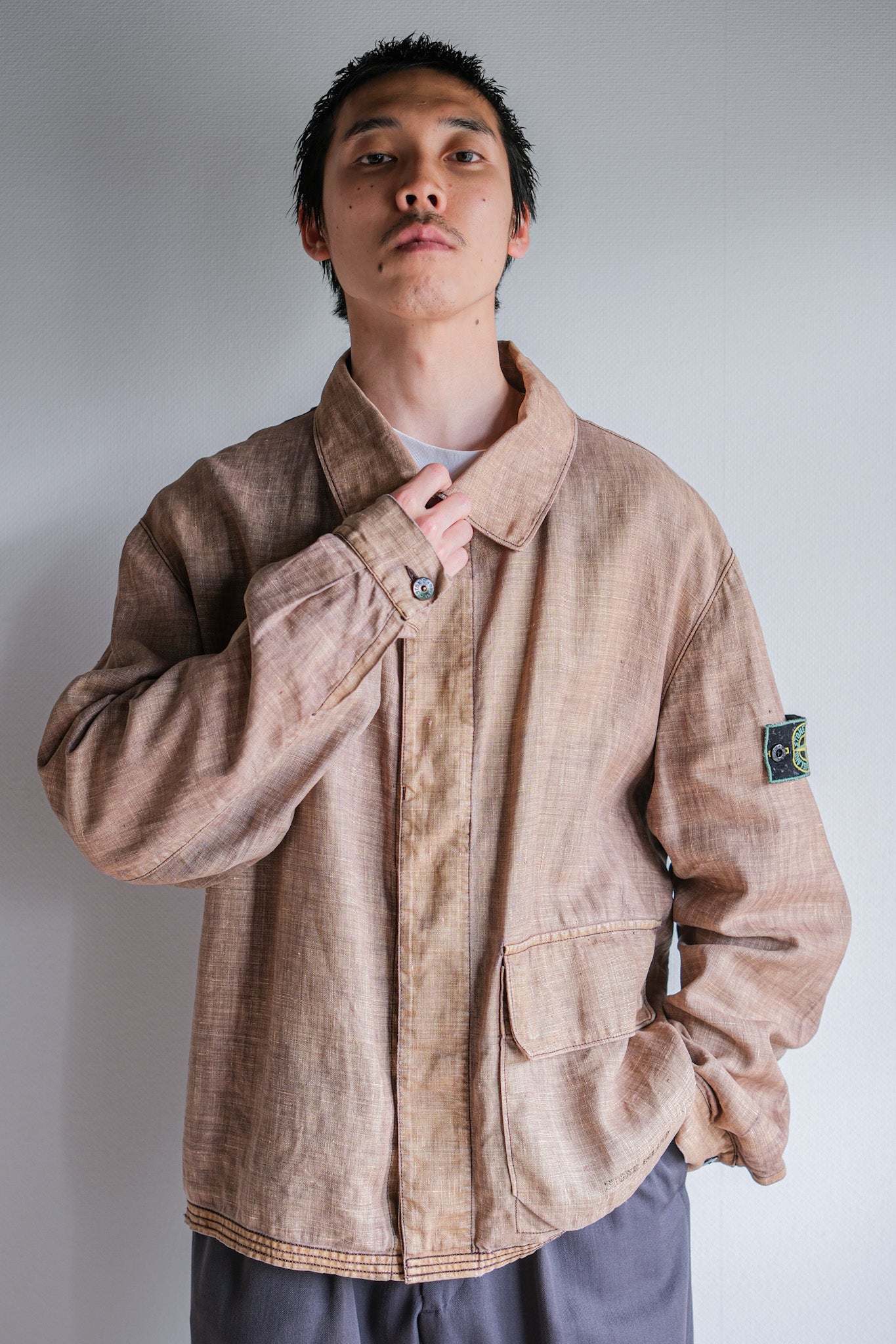 【97SS】Old STONE ISLAND Garment Dyed Lino Flax Cotton Jacket Size.L "Green Edge"