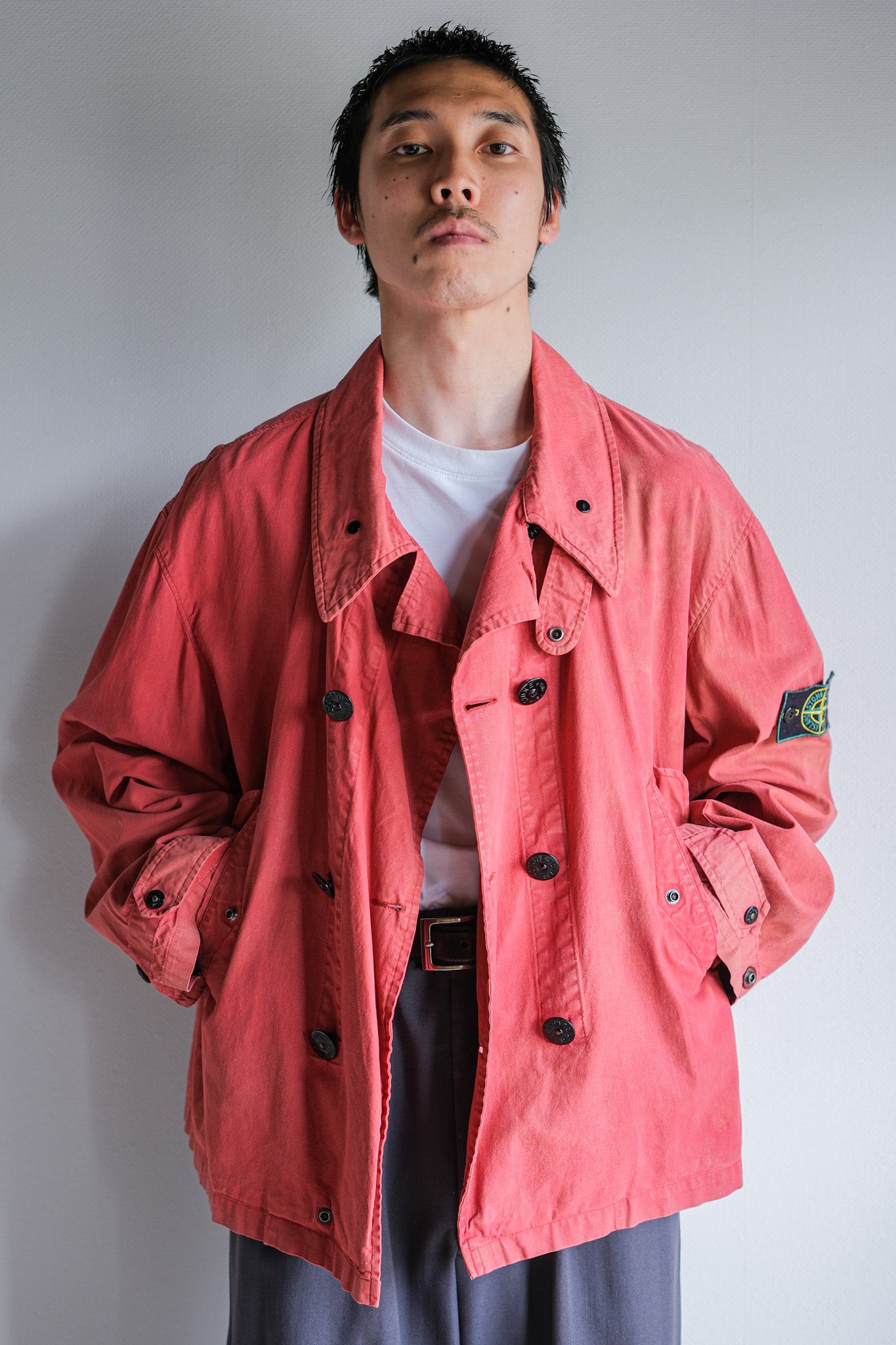 【94SS】Old STONE ISLAND Garment Dyed Double Breasted Cotton Jacket Size.L "Green Edge"