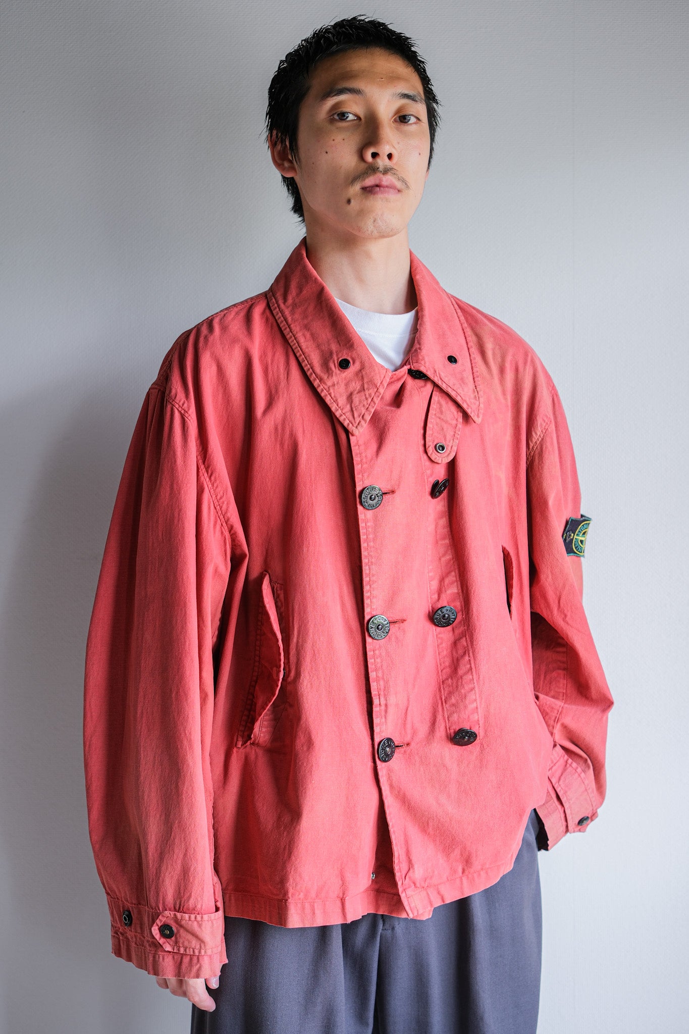 【94SS】Old STONE ISLAND Garment Dyed Double Breasted Cotton Jacket Size.L "Green Edge"