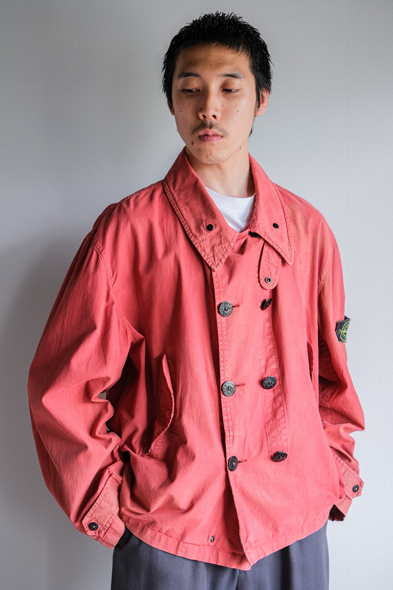 【94SS】Old STONE ISLAND Garment Dyed Double Breasted Cotton Jacket Size.L "Green Edge"