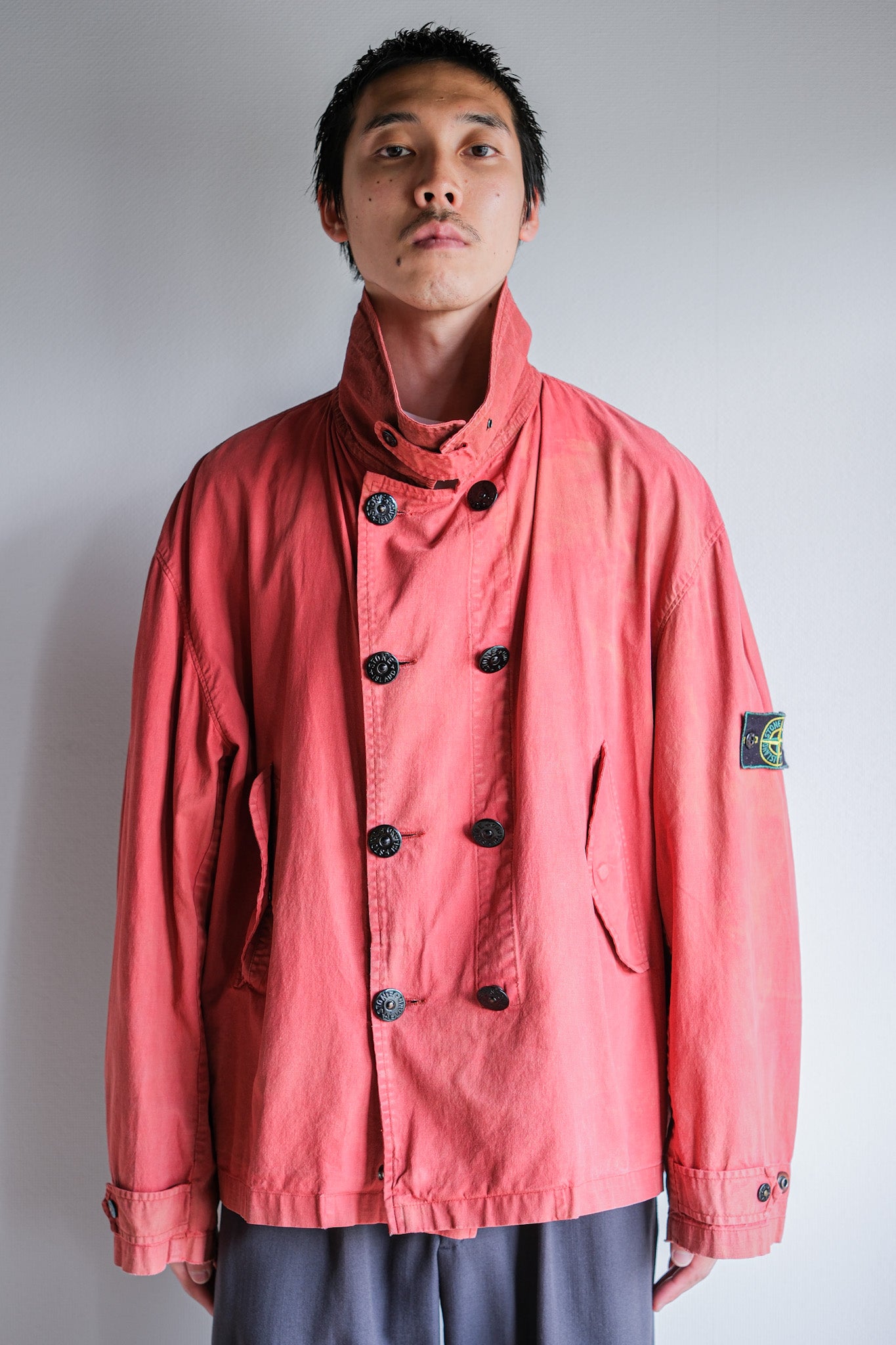 【94SS】Old STONE ISLAND Garment Dyed Double Breasted Cotton Jacket Size.L "Green Edge"