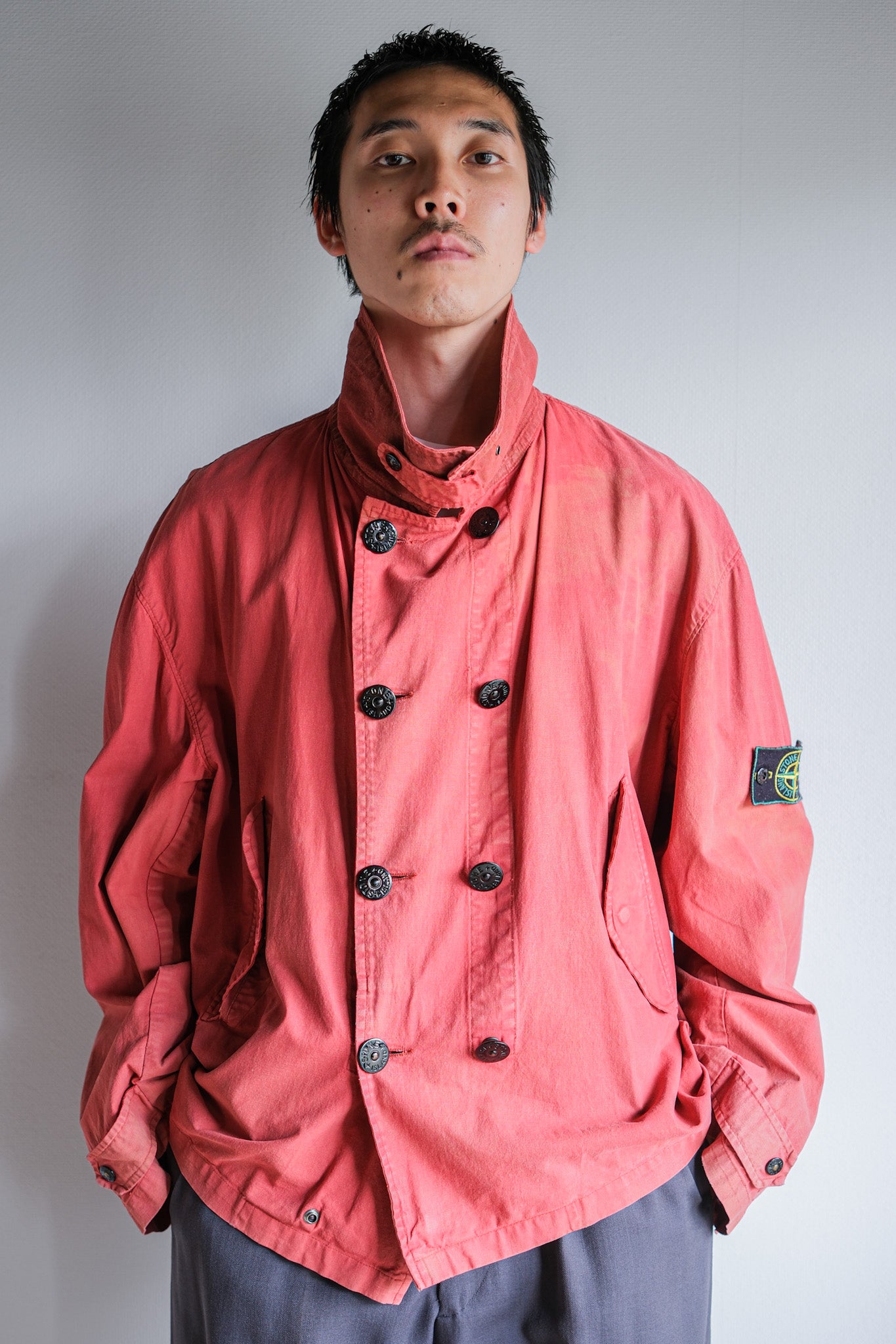 【94SS】Old STONE ISLAND Garment Dyed Double Breasted Cotton Jacket Size.L "Green Edge"