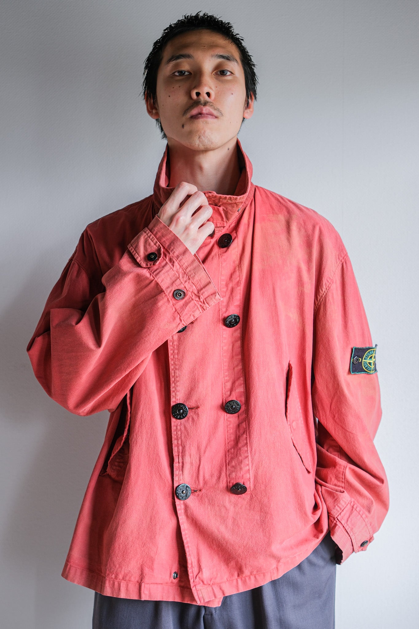 【94SS】Old STONE ISLAND Garment Dyed Double Breasted Cotton Jacket Size.L "Green Edge"