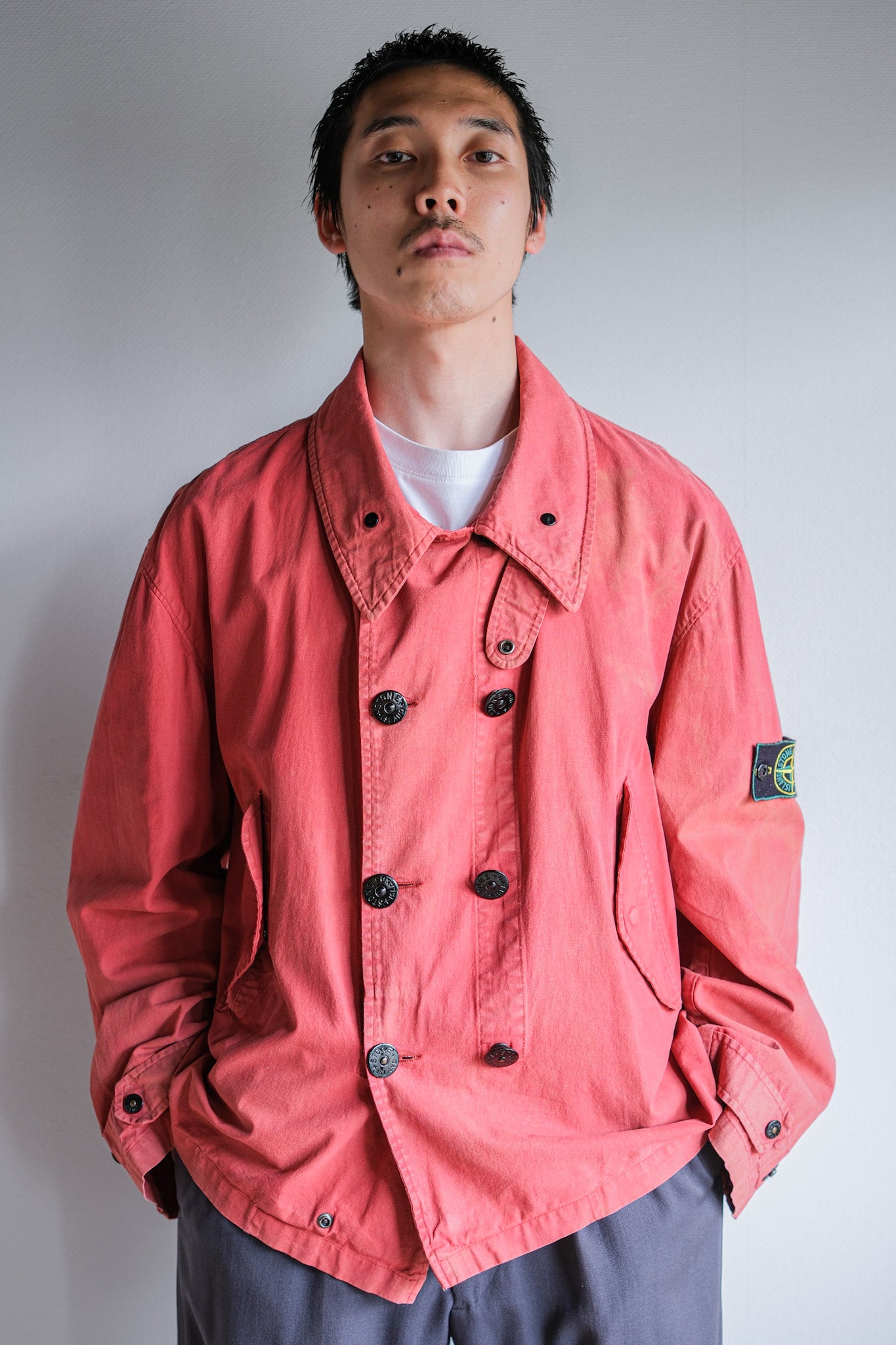 【94SS】Old STONE ISLAND Garment Dyed Double Breasted Cotton Jacket Size.L "Green Edge"