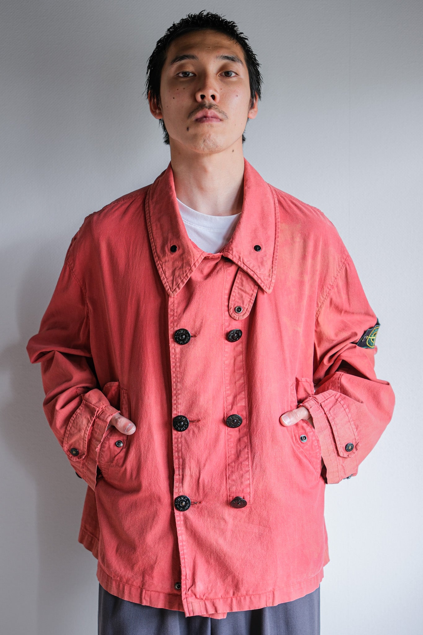 【94SS】Old STONE ISLAND Garment Dyed Double Breasted Cotton Jacket Size.L "Green Edge"