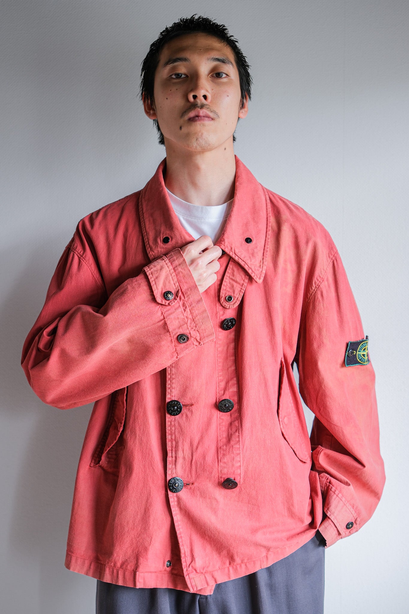 【94SS】Old STONE ISLAND Garment Dyed Double Breasted Cotton Jacket Size.L "Green Edge"