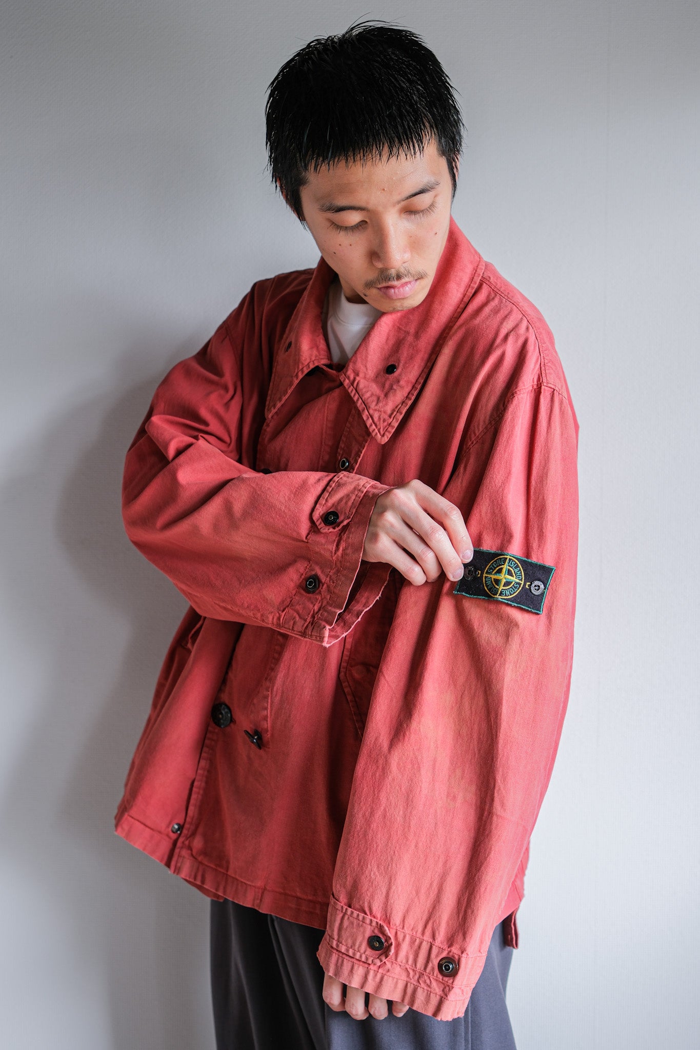 【94SS】Old STONE ISLAND Garment Dyed Double Breasted Cotton Jacket Size.L "Green Edge"