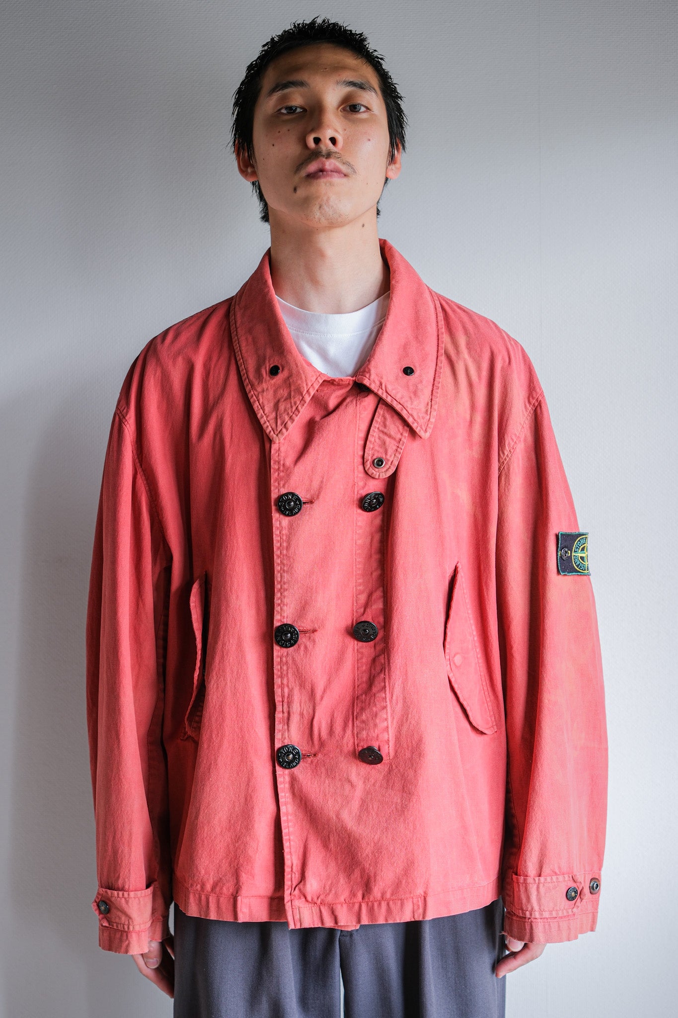 【94SS】Old STONE ISLAND Garment Dyed Double Breasted Cotton Jacket Size.L "Green Edge"