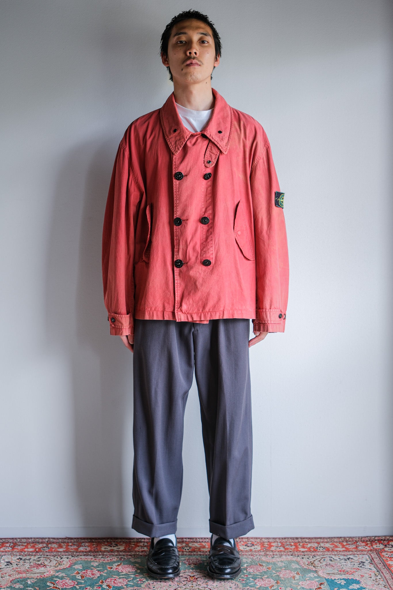 【94SS】Old STONE ISLAND Garment Dyed Double Breasted Cotton Jacket Size.L "Green Edge"