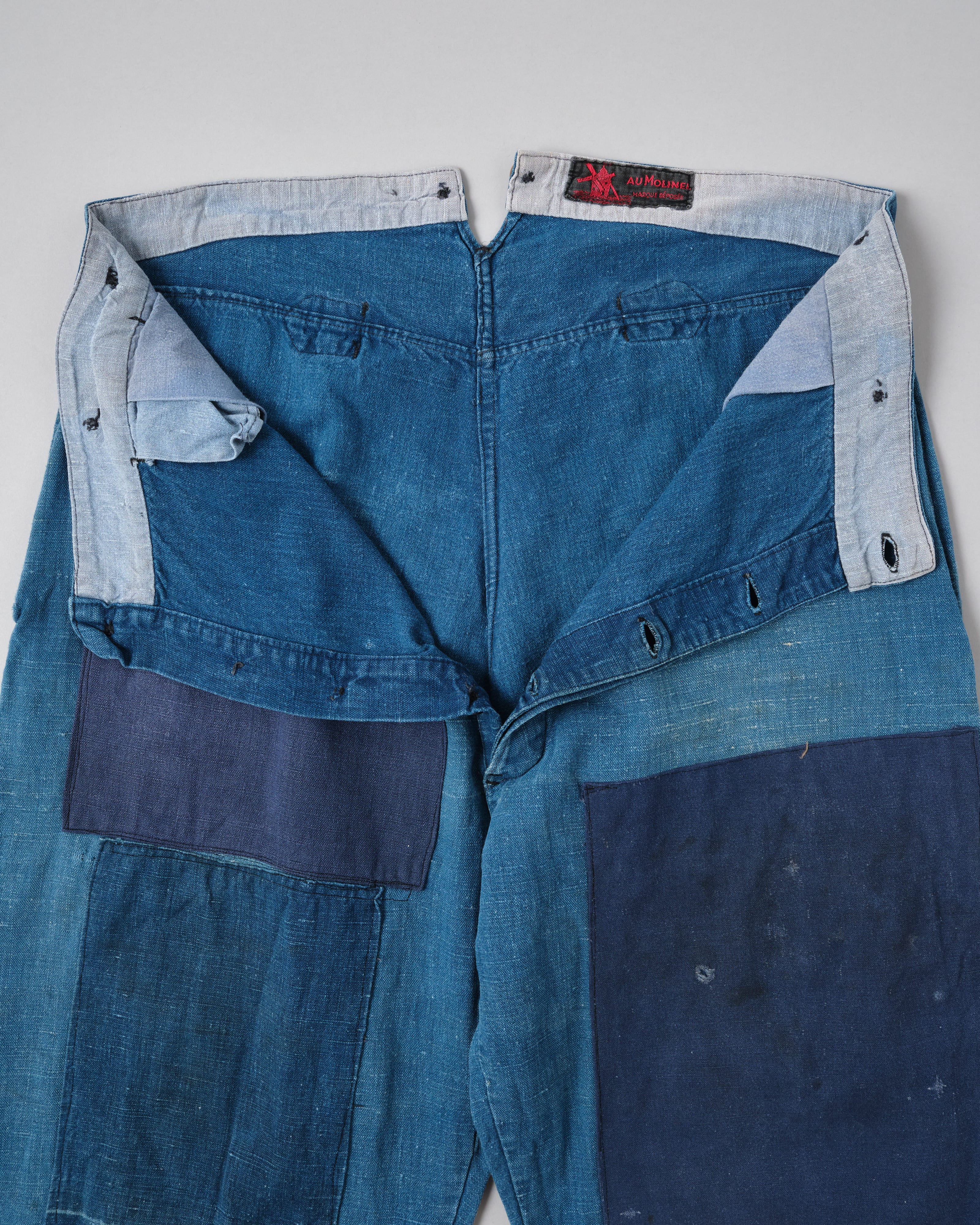 【~30's】French Vintage Indigo Hemp Linen Work Pants "Patchwork" "AU MOLINEL"