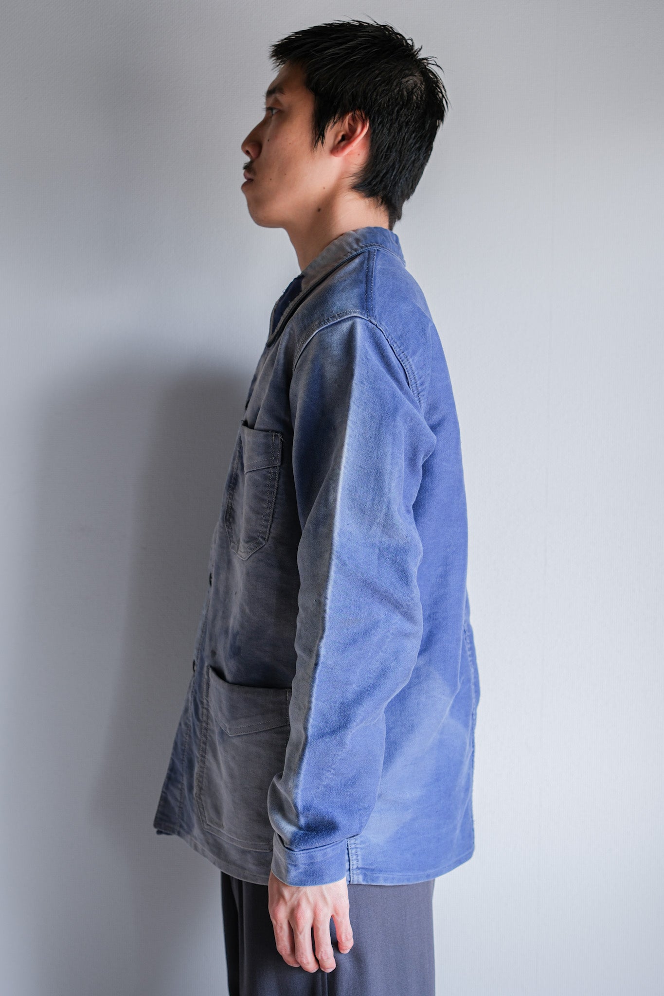【~40's】French Vintage Blue Moleskin Work Jacket "Crazy Fade"