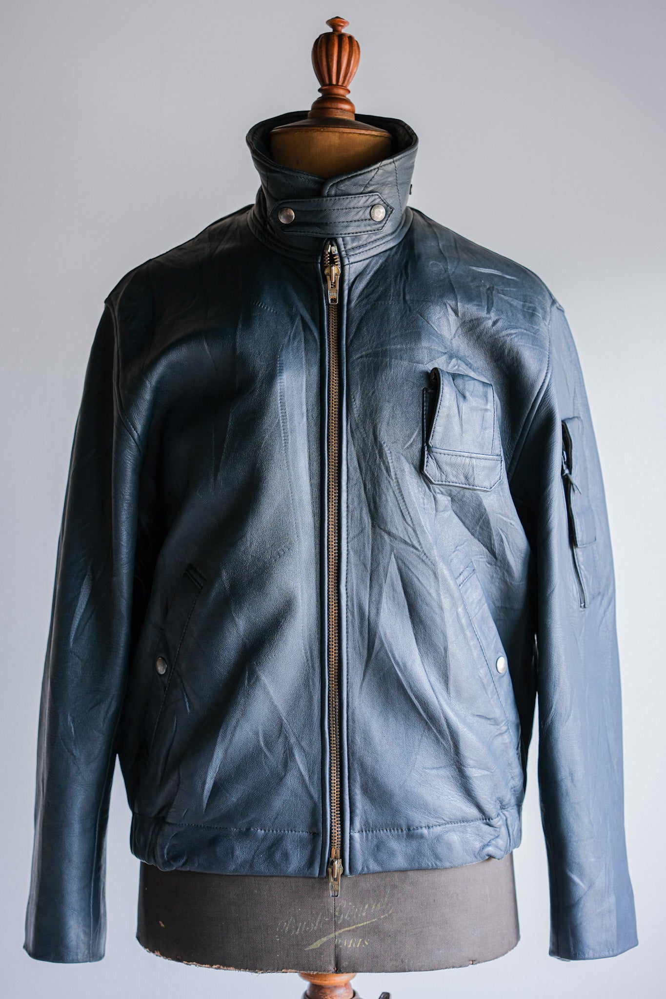 【~70's】French Air Force Pilot Leather Jacket With Chin Strap Size.96M