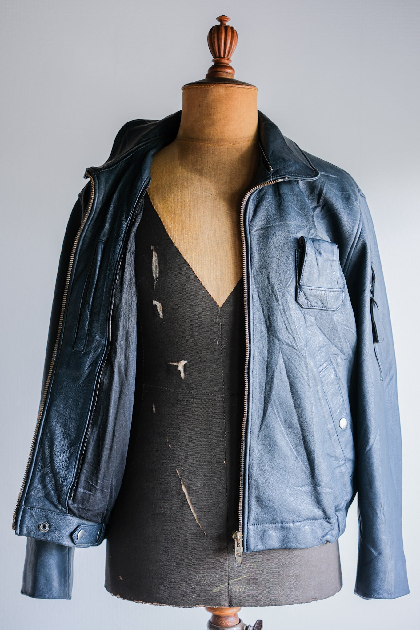 【~70's】French Air Force Pilot Leather Jacket With Chin Strap Size.96M