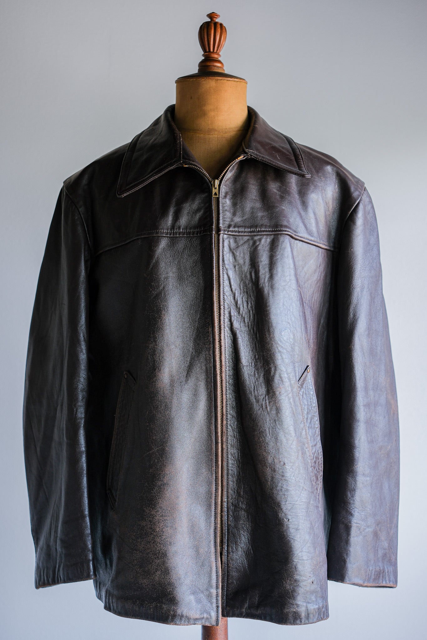 50's] French Vintage Zip Up Leather Work Jacket Size.52