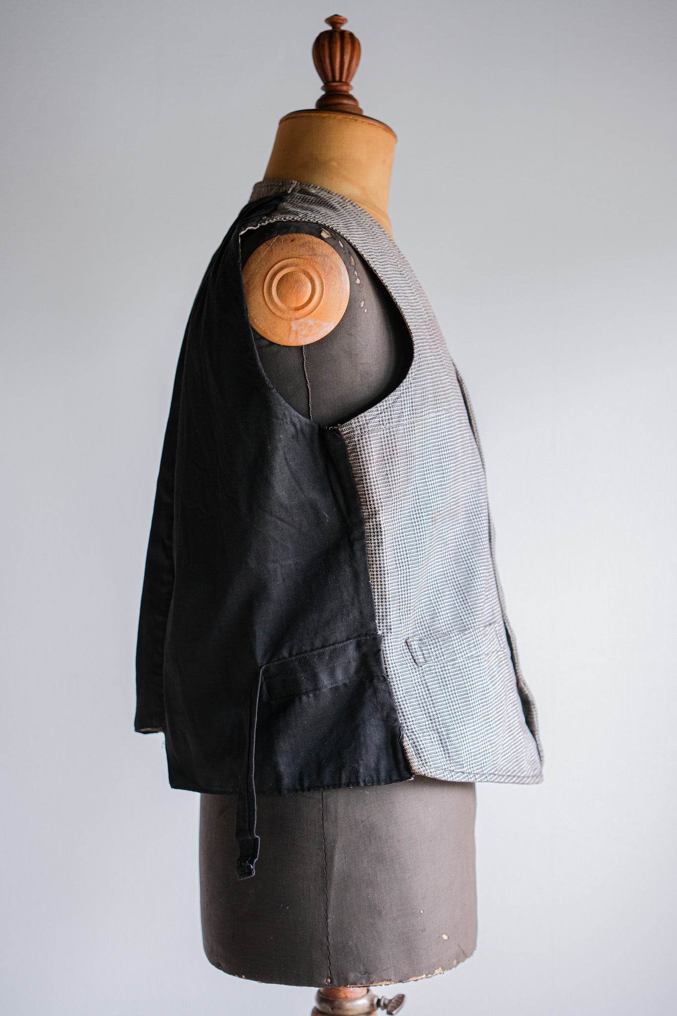 【~30's】French Vintage Houndstooth Cotton Work Gilet "Unusual Fabric"