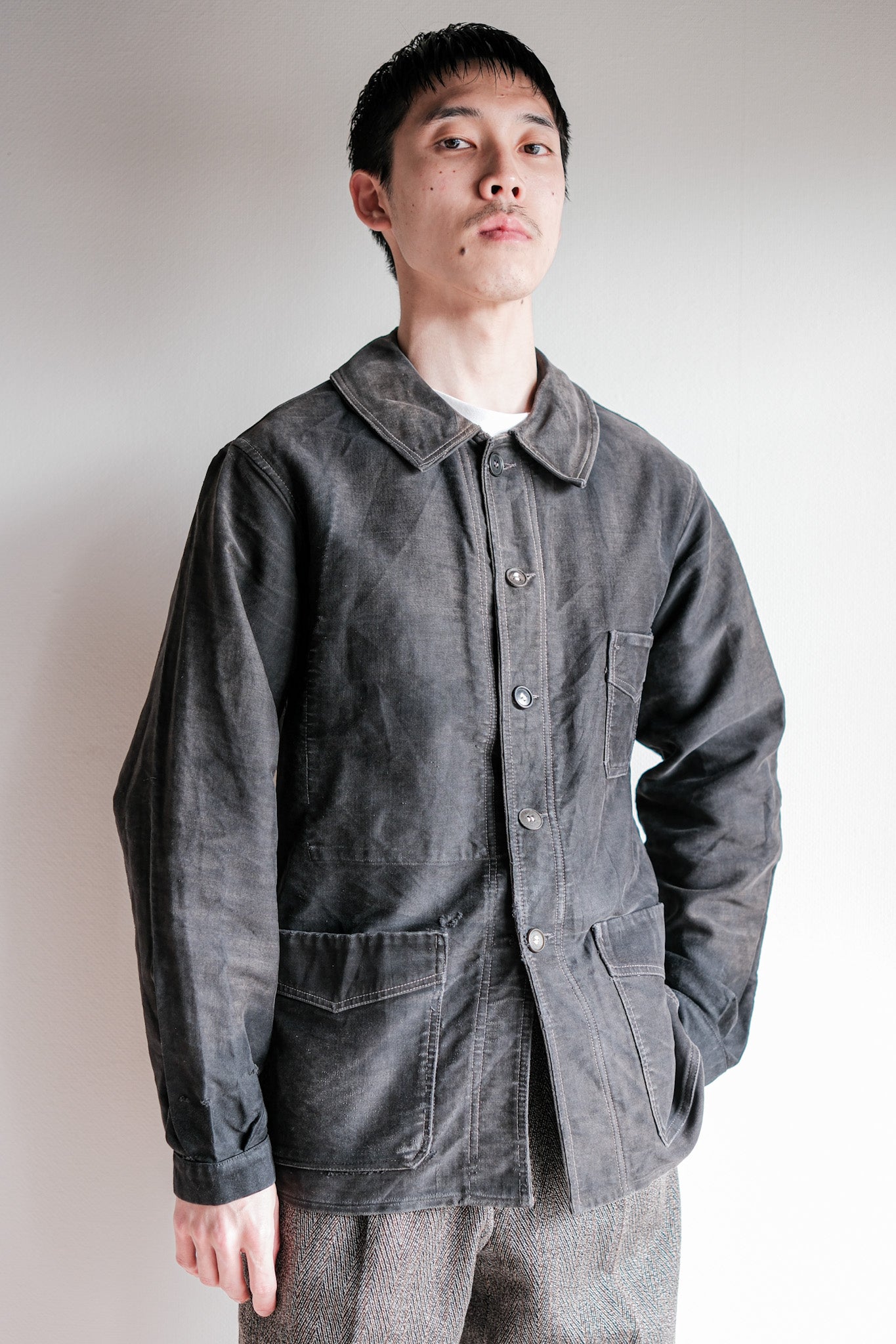 【~40's】French Vintage Black Moleskin Work Jacket "Le Mont St. Michel"