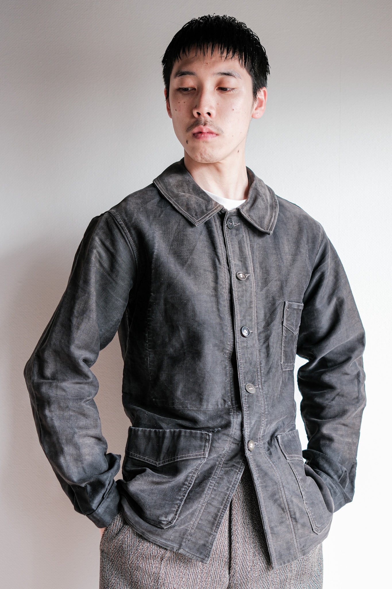 【~40's】French Vintage Black Moleskin Work Jacket "Le Mont St. Michel"
