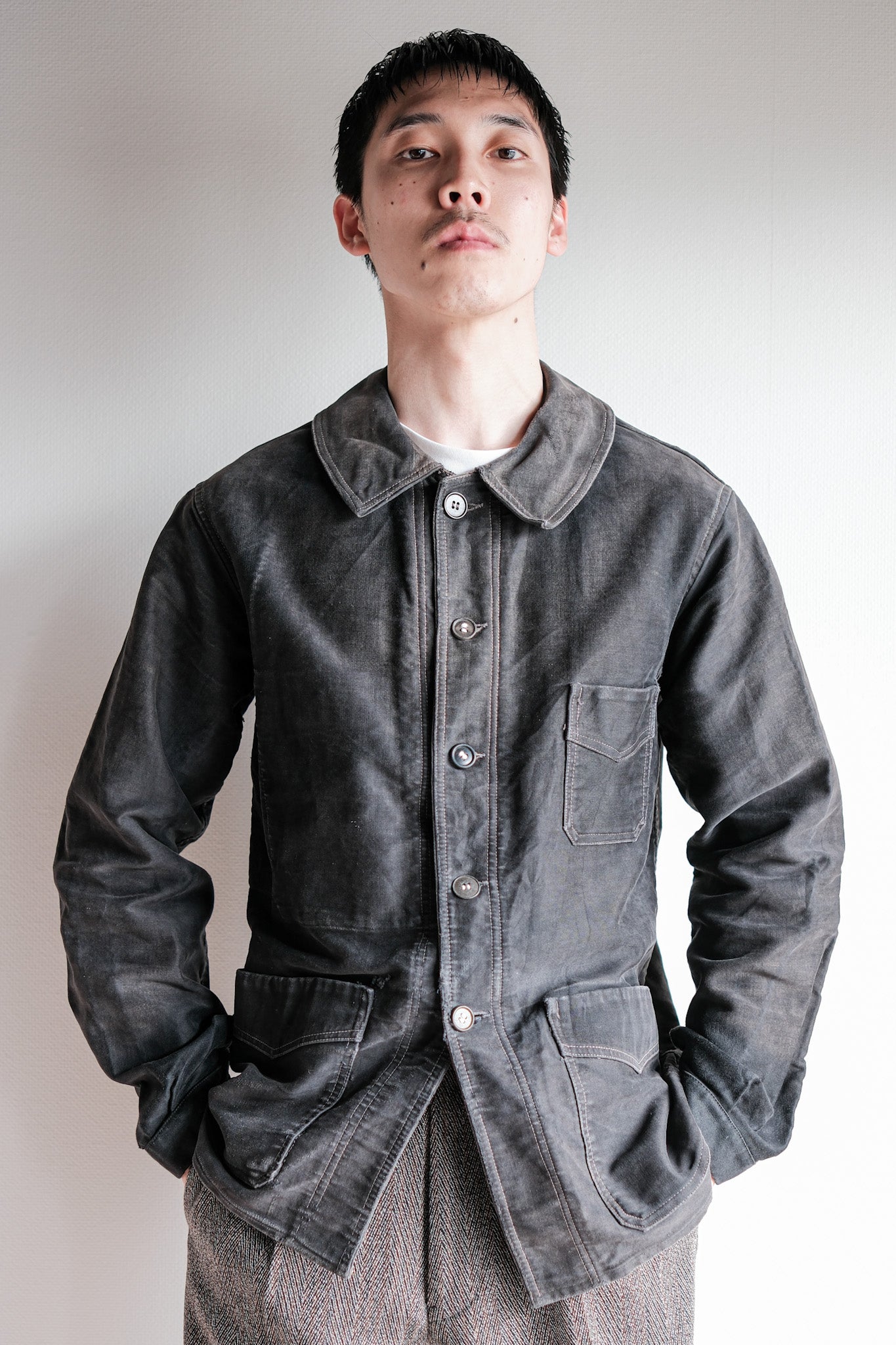 【~40's】French Vintage Black Moleskin Work Jacket "Le Mont St. Michel"