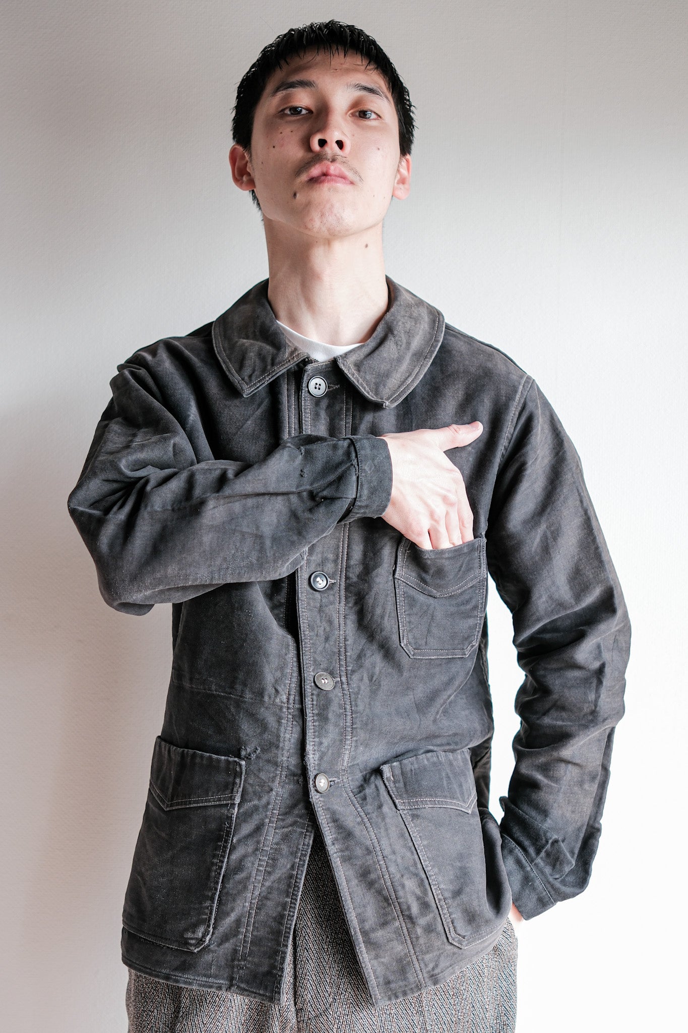 【~40's】French Vintage Black Moleskin Work Jacket "Le Mont St. Michel"