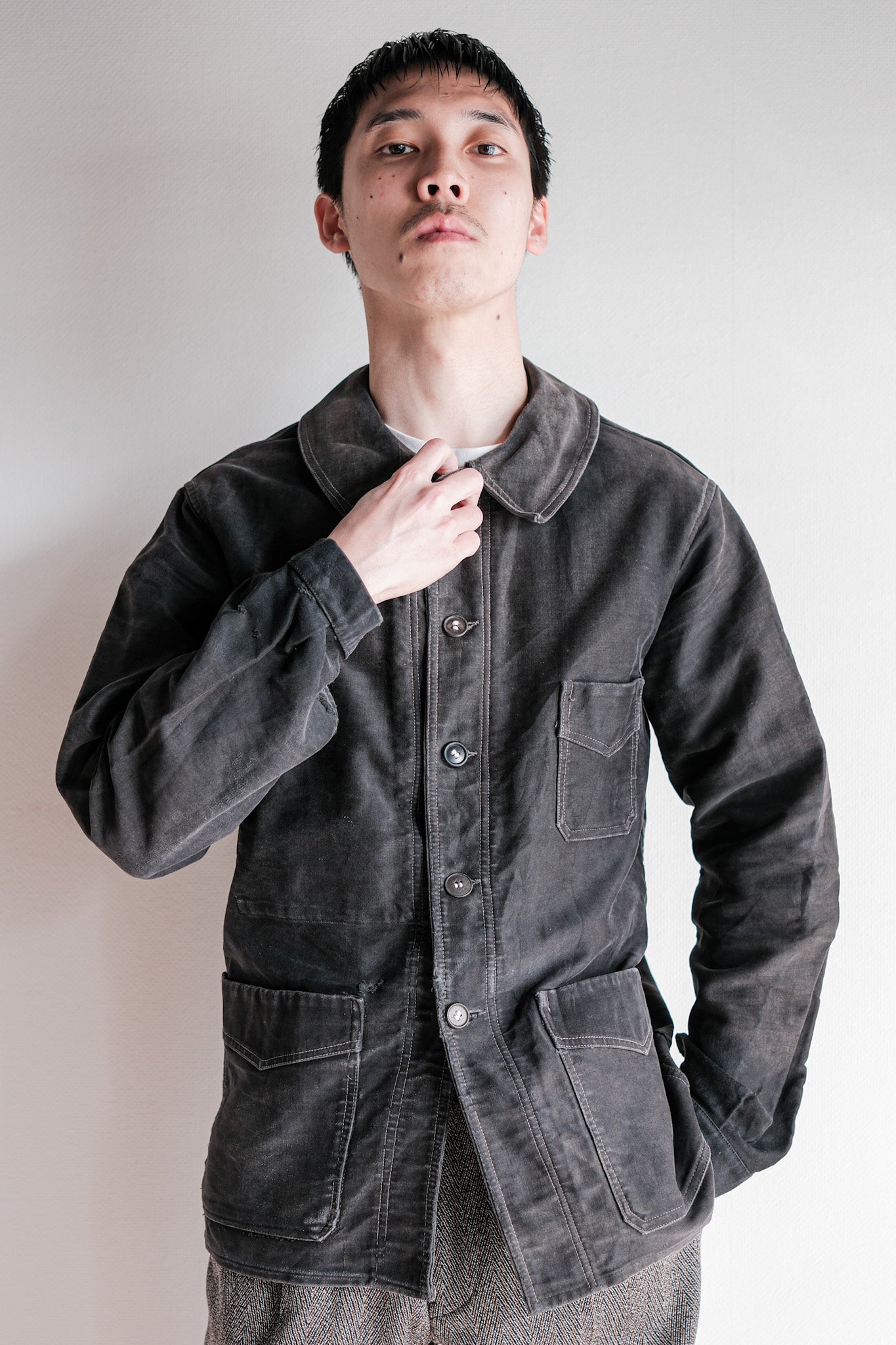 【~40's】French Vintage Black Moleskin Work Jacket "Le Mont St. Michel"