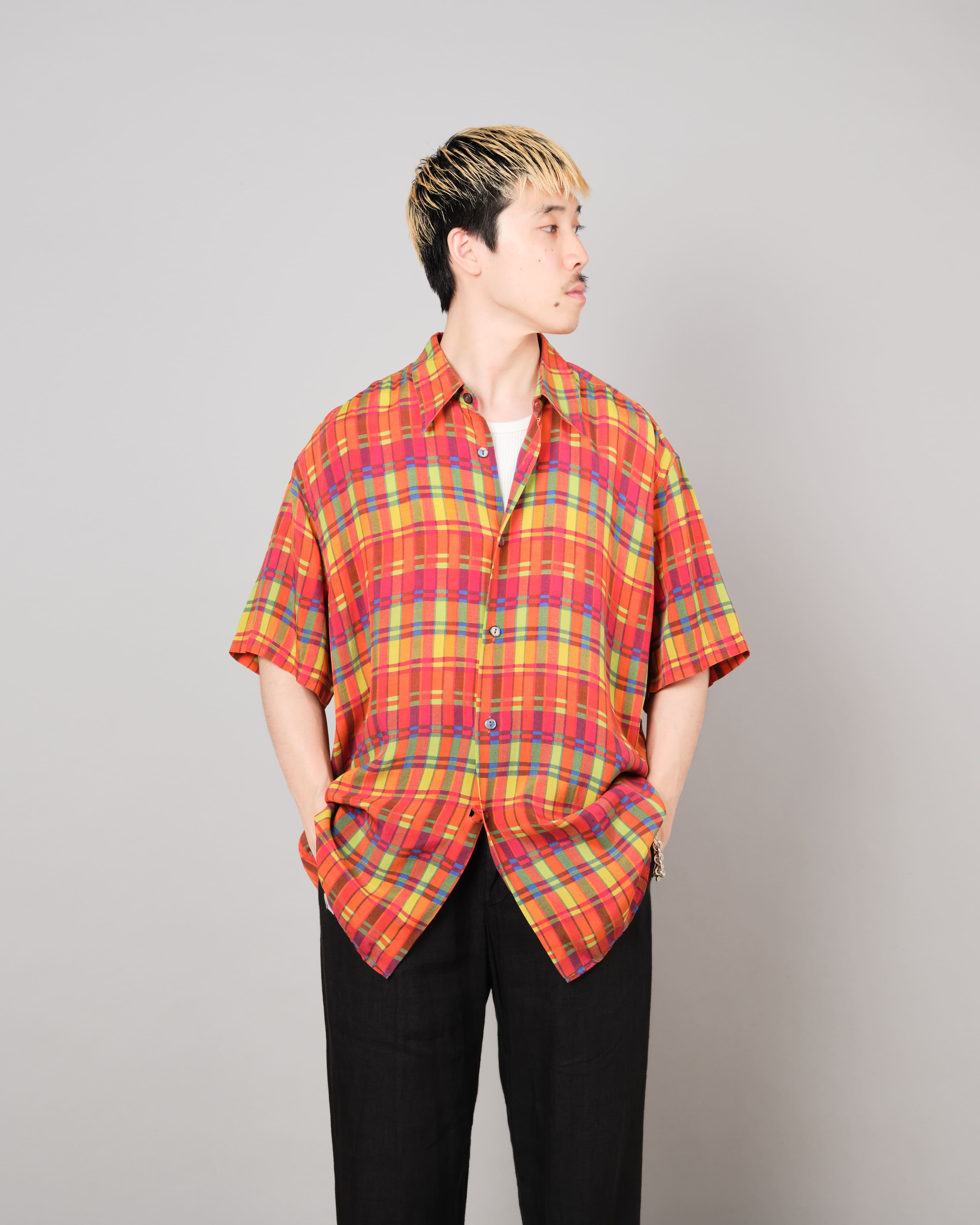 【~80's】Italian Vintage Silk Patterned S/S Shirt Size.XL