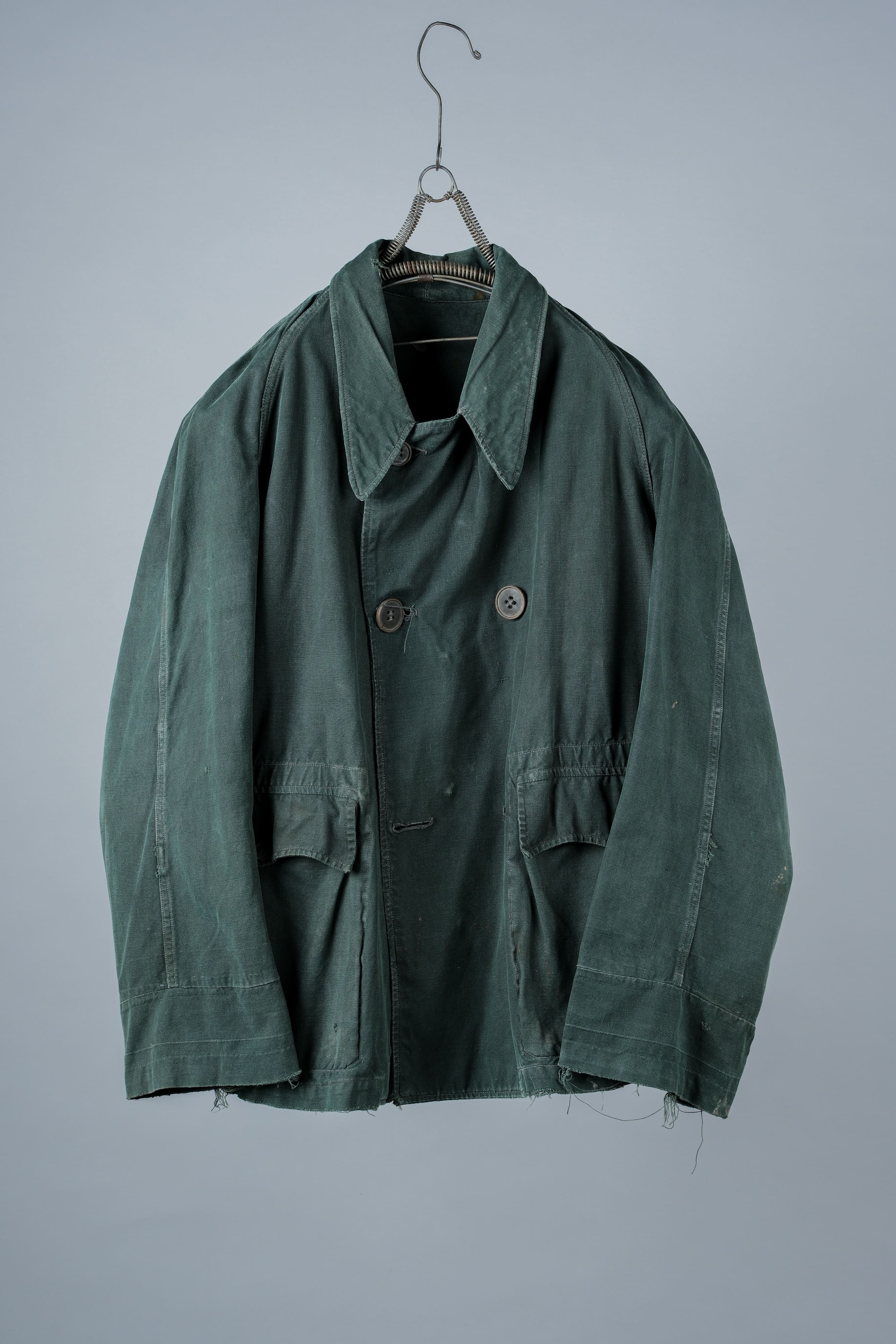 【~40's】WWII French CJF Green Cotton Linen Double Breasted Jacket "Modified"