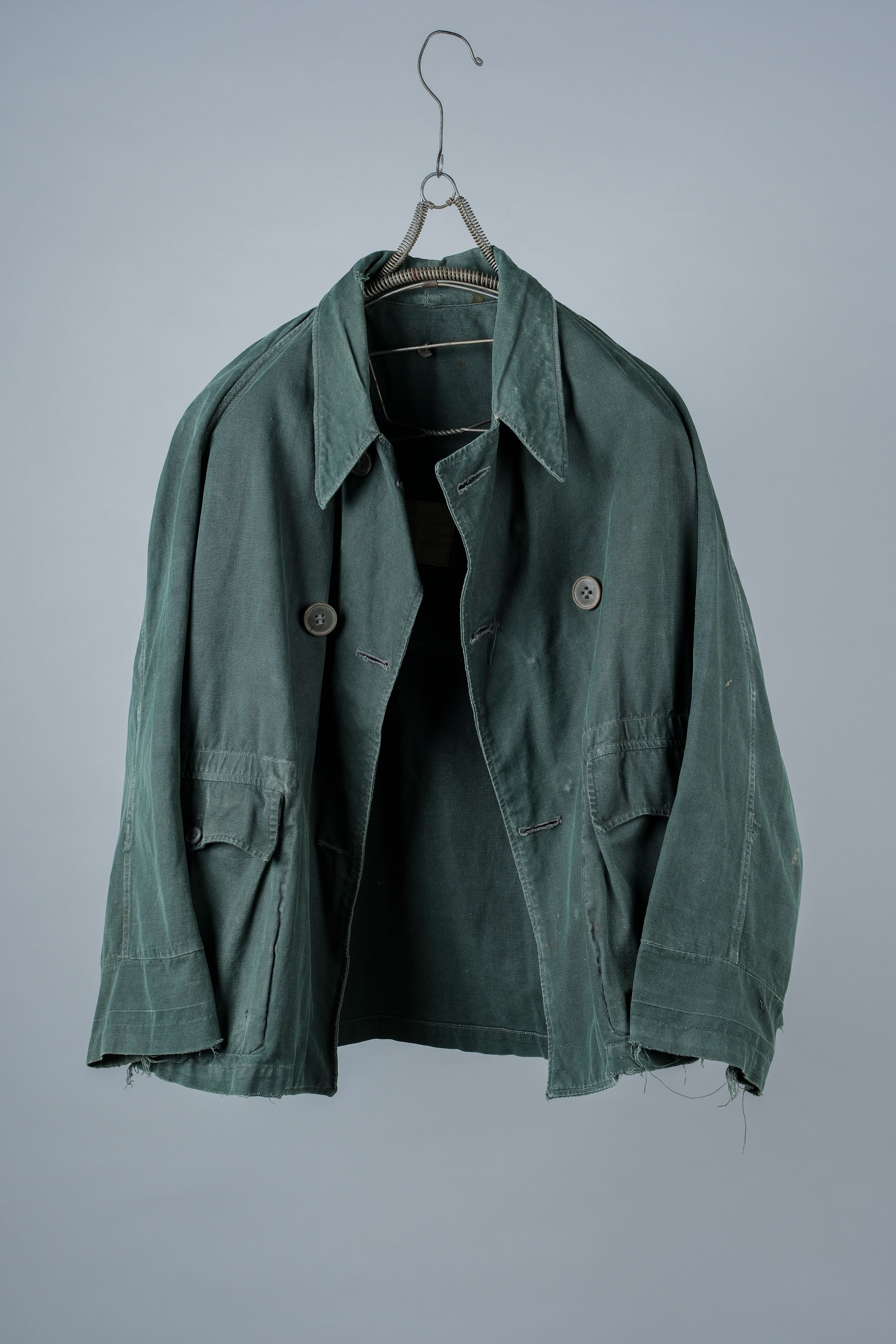 【~40's】WWII French CJF Green Cotton Linen Double Breasted Jacket "Modified"