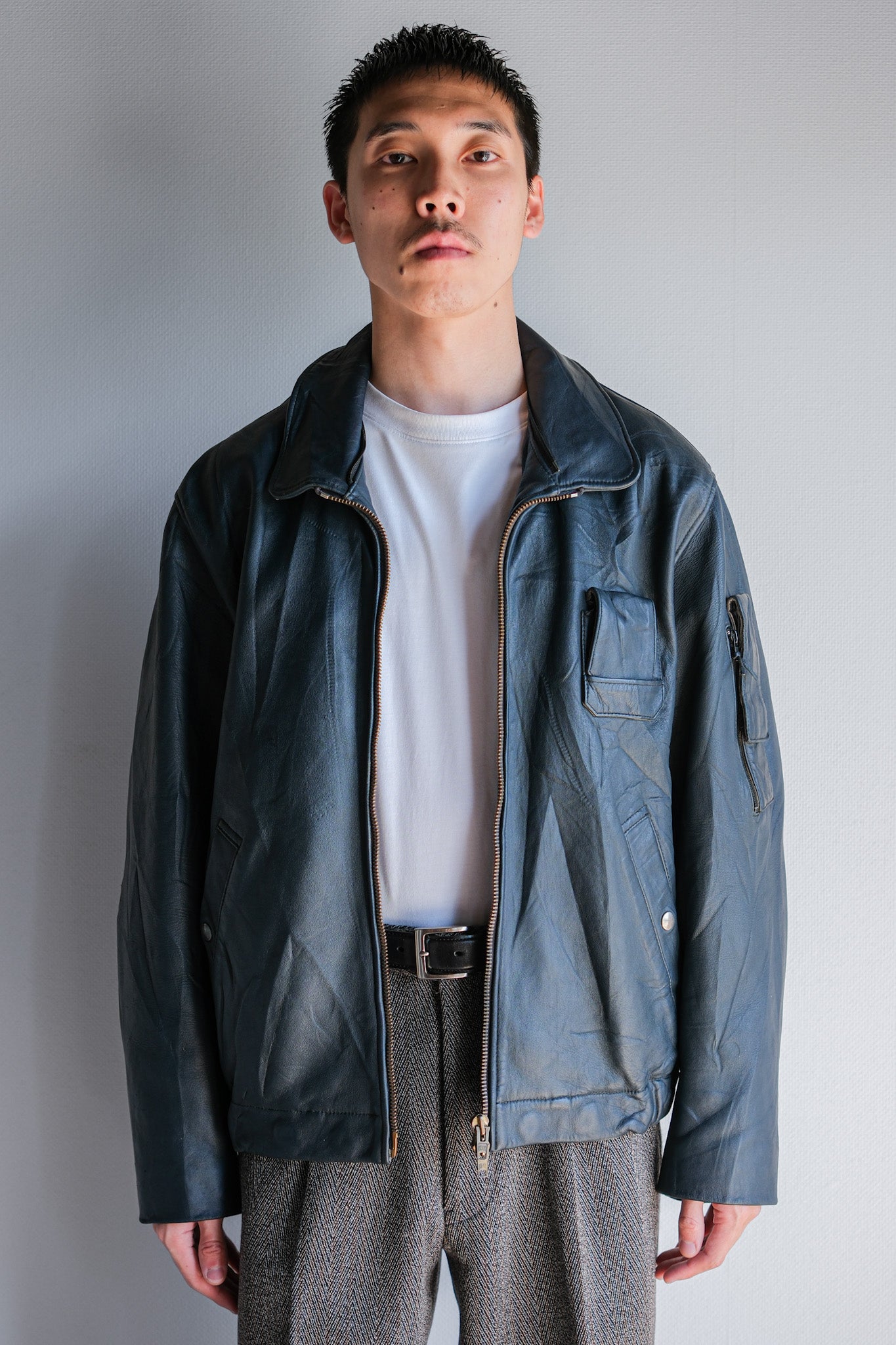 【~70's】French Air Force Pilot Leather Jacket With Chin Strap Size.96M