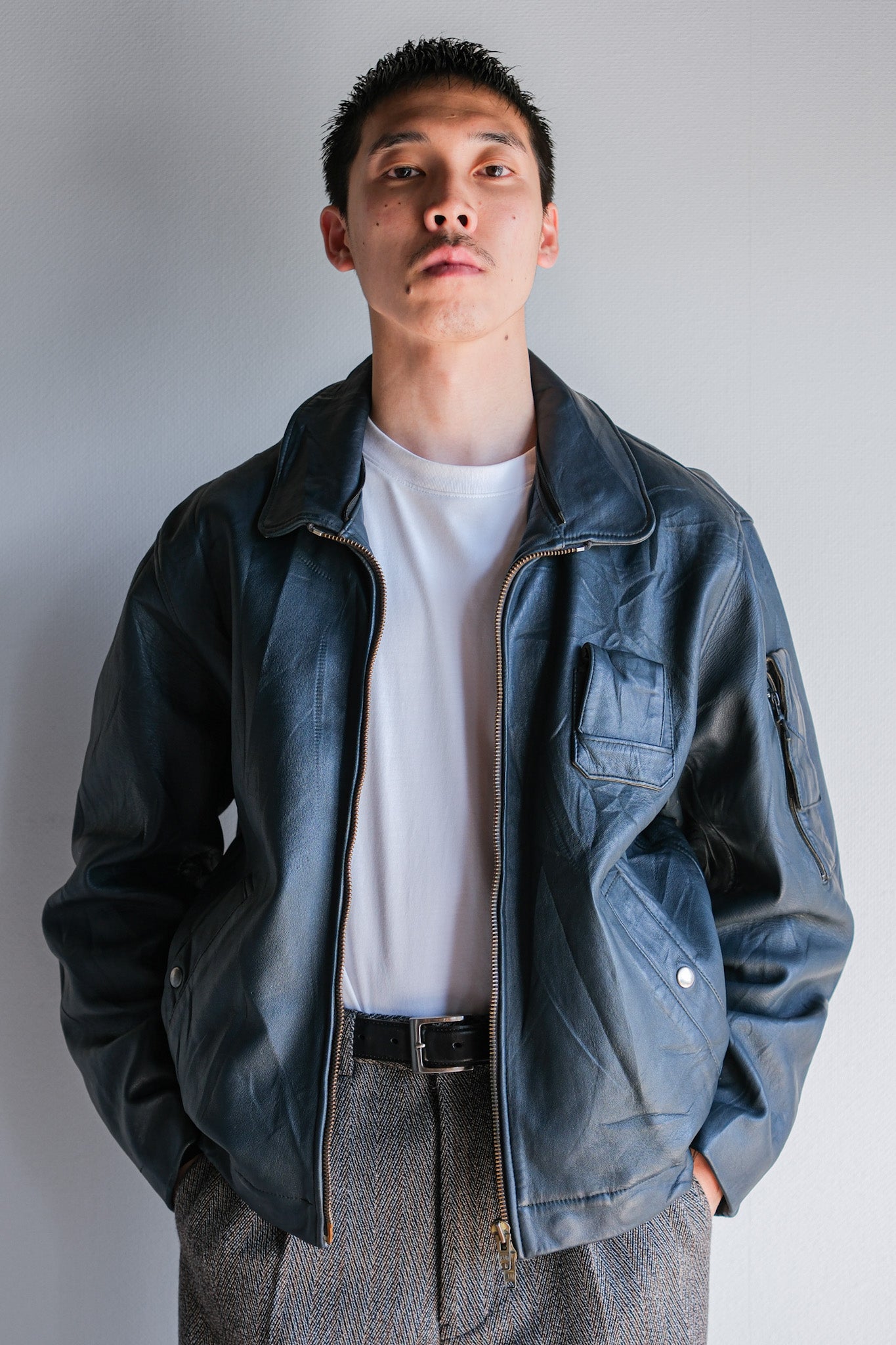 【~70's】French Air Force Pilot Leather Jacket With Chin Strap Size.96M