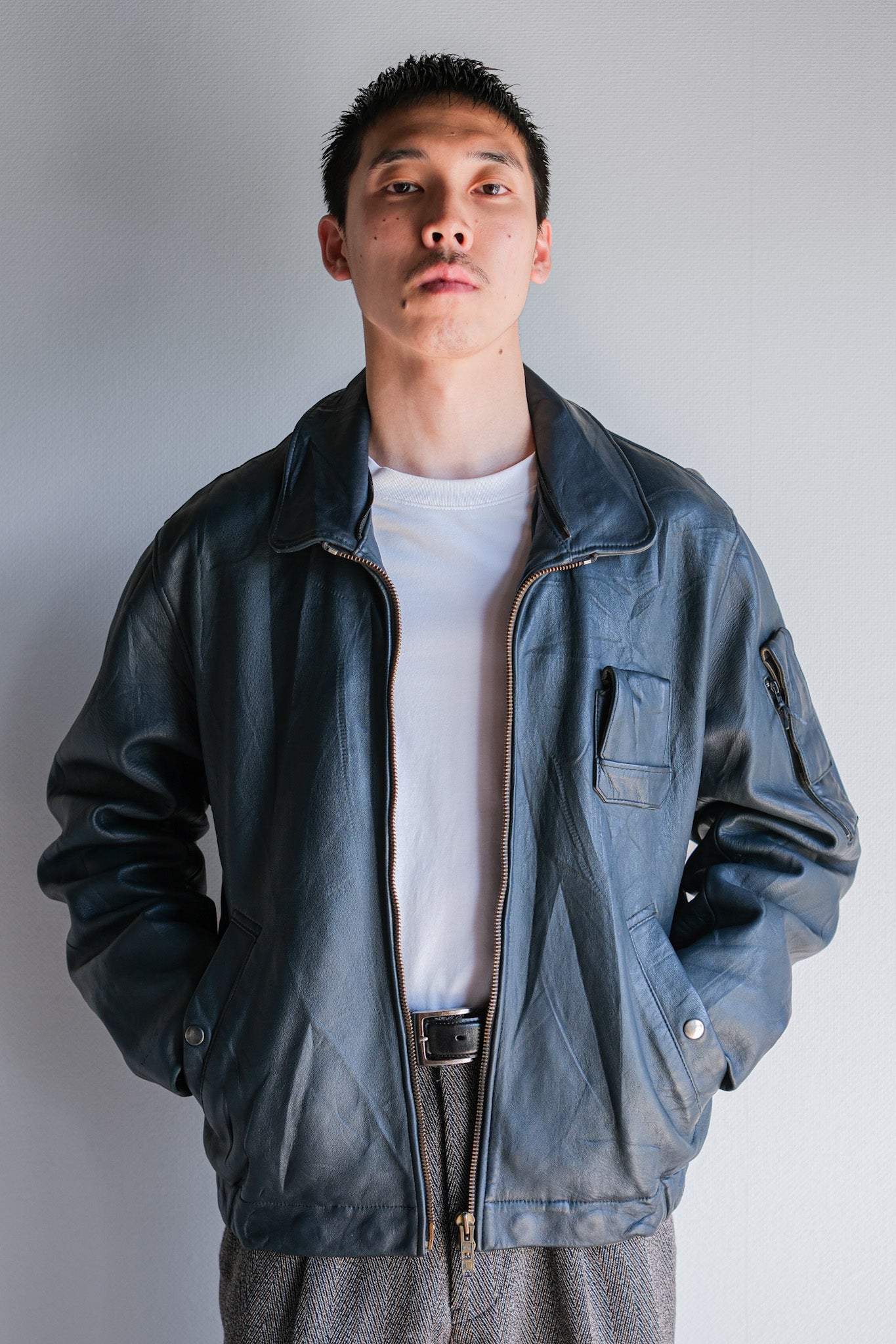 【~70's】French Air Force Pilot Leather Jacket With Chin Strap Size.96M