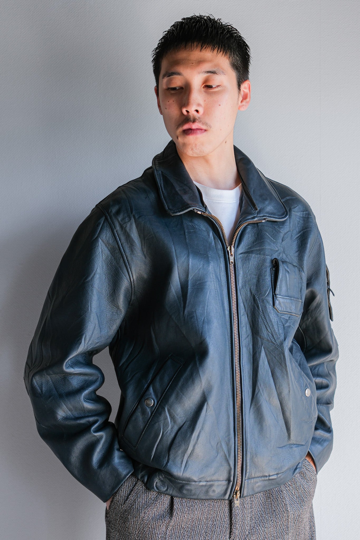 【~70's】French Air Force Pilot Leather Jacket With Chin Strap Size.96M