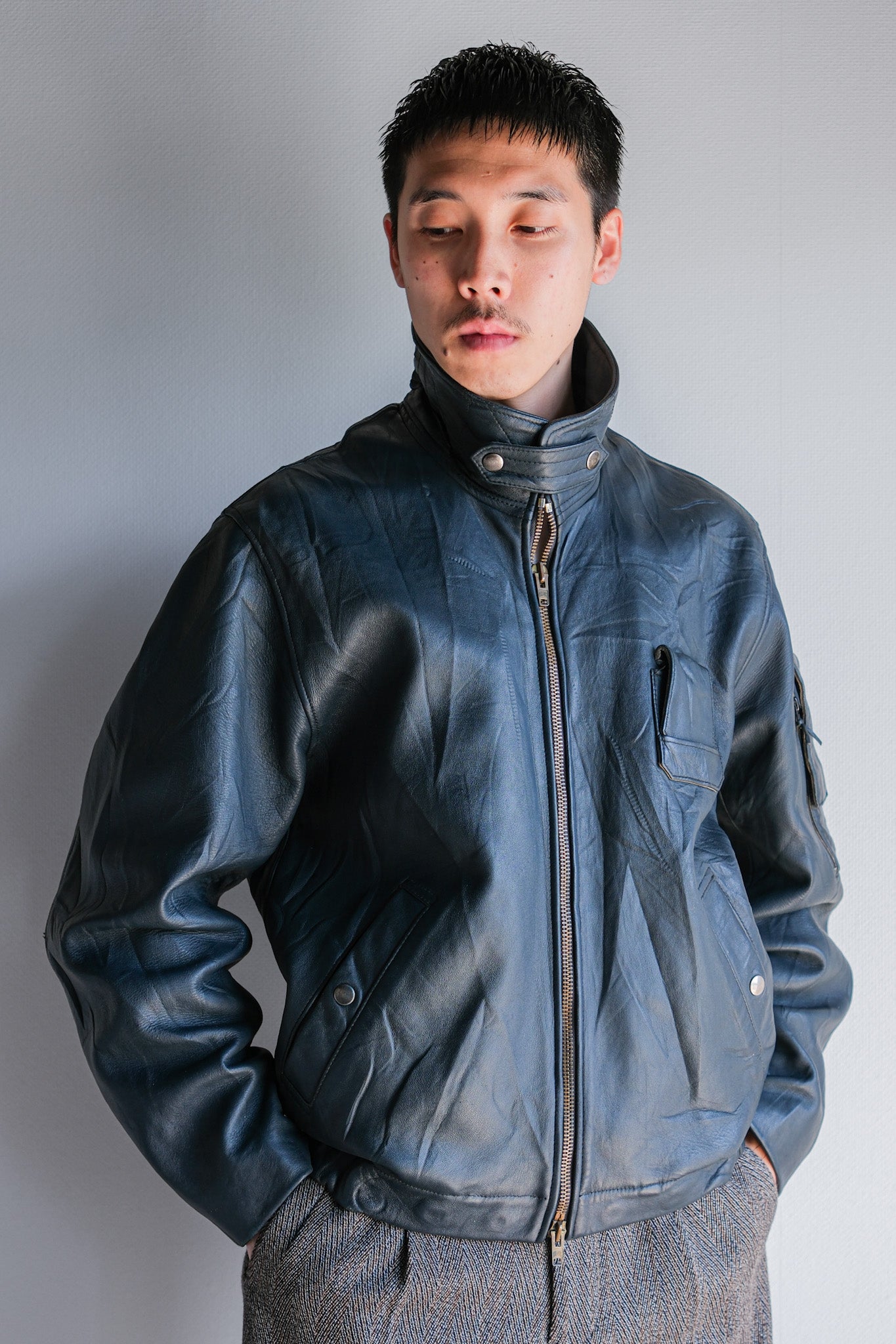 【~70's】French Air Force Pilot Leather Jacket With Chin Strap Size.96M