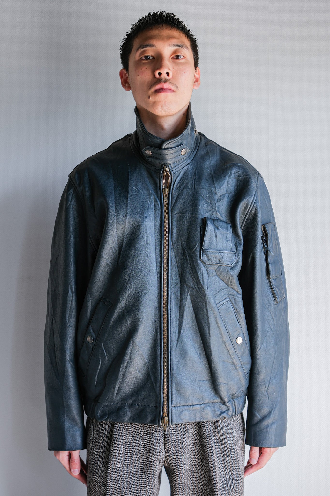 【~70's】French Air Force Pilot Leather Jacket With Chin Strap Size.96M