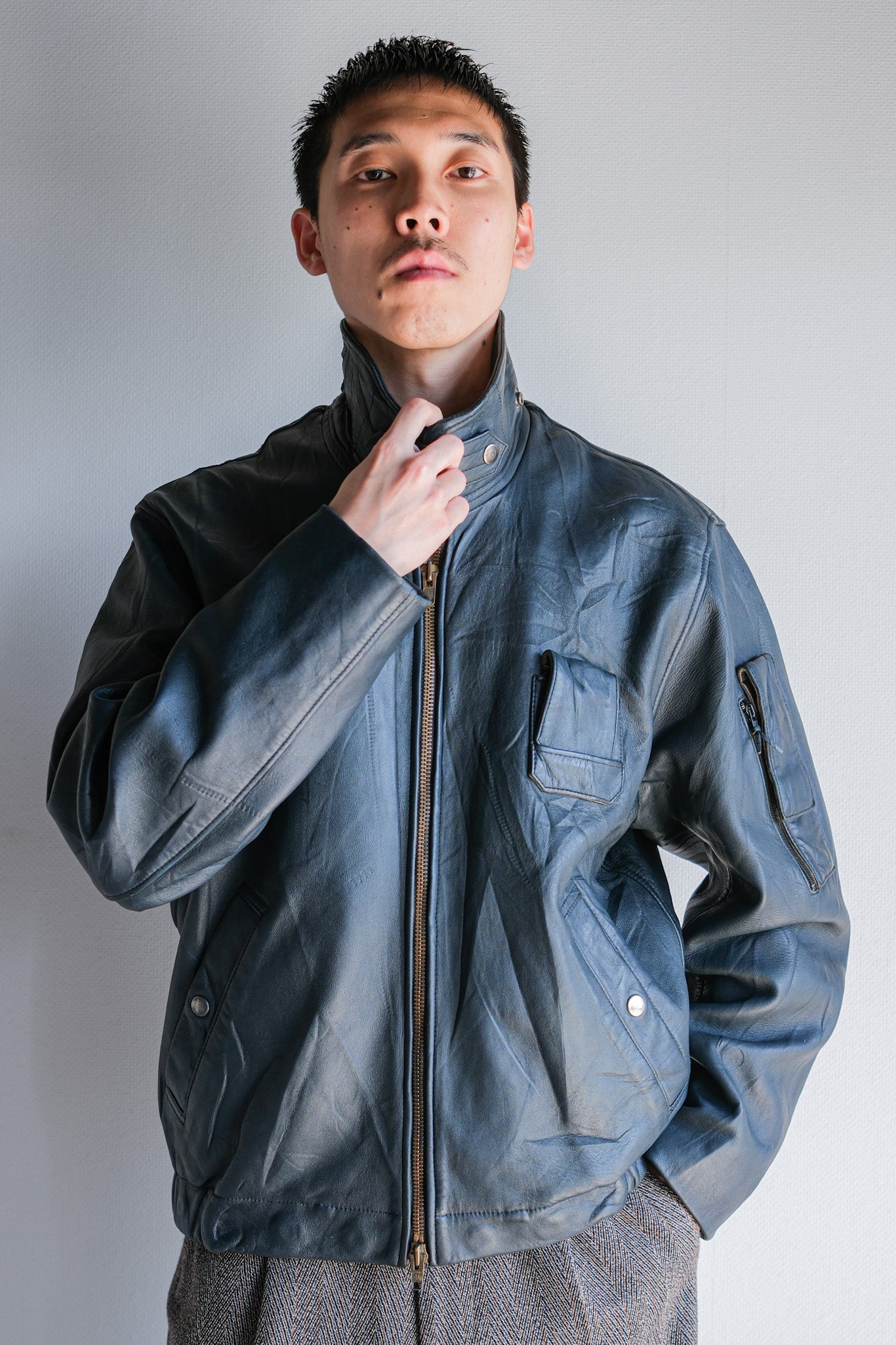 【~70's】French Air Force Pilot Leather Jacket With Chin Strap Size.96M