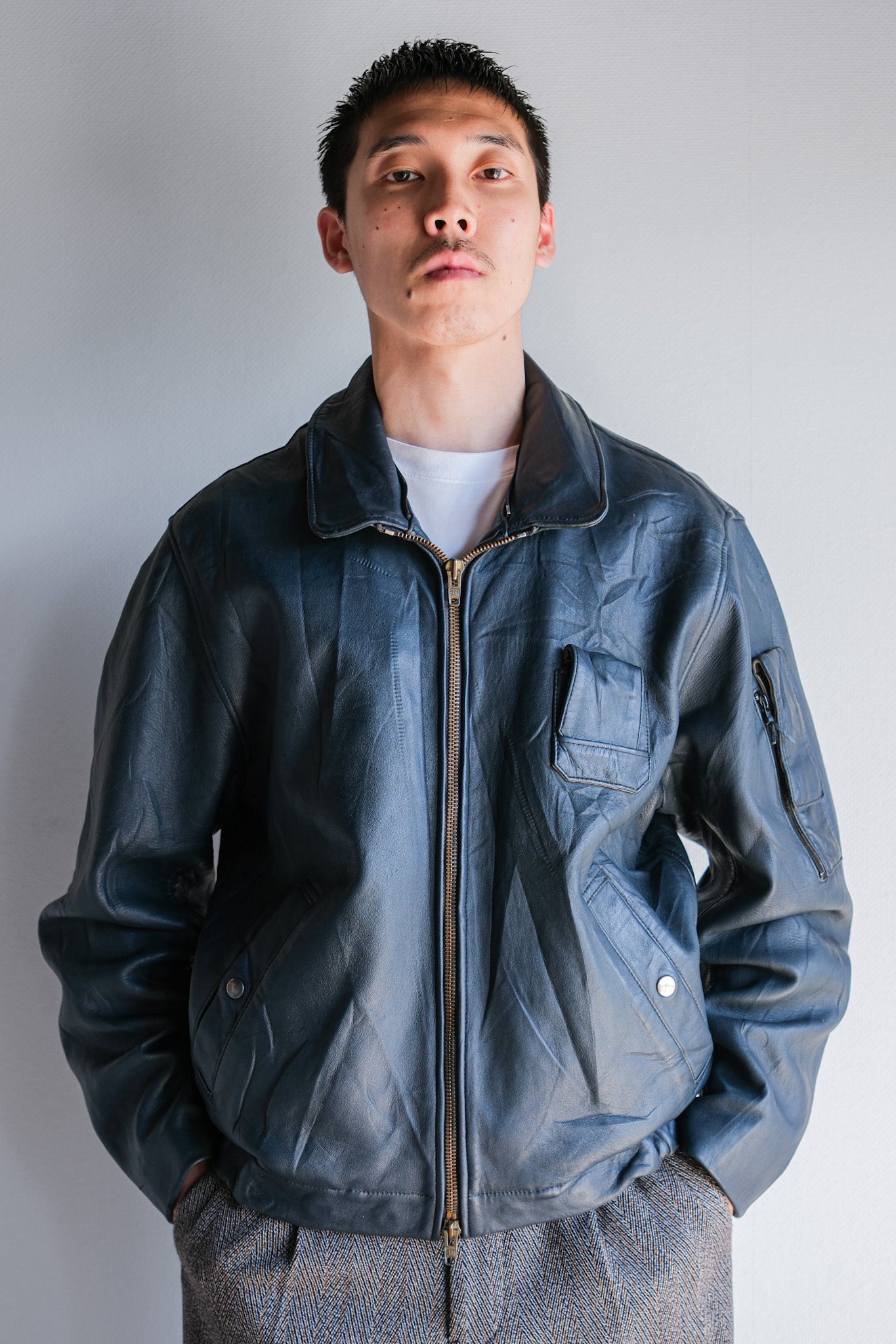 【~70's】French Air Force Pilot Leather Jacket With Chin Strap Size.96M