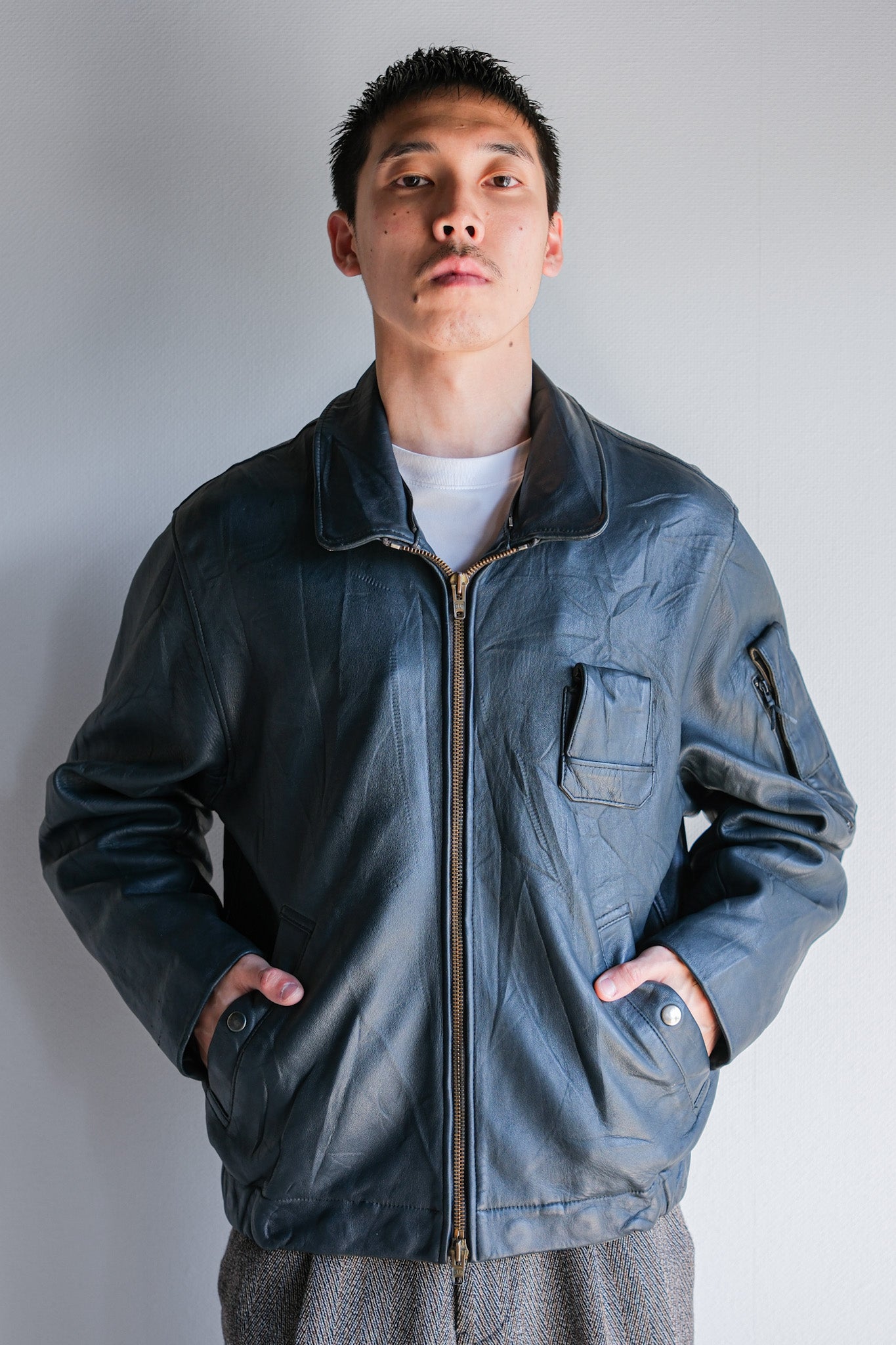 【~70's】French Air Force Pilot Leather Jacket With Chin Strap Size.96M