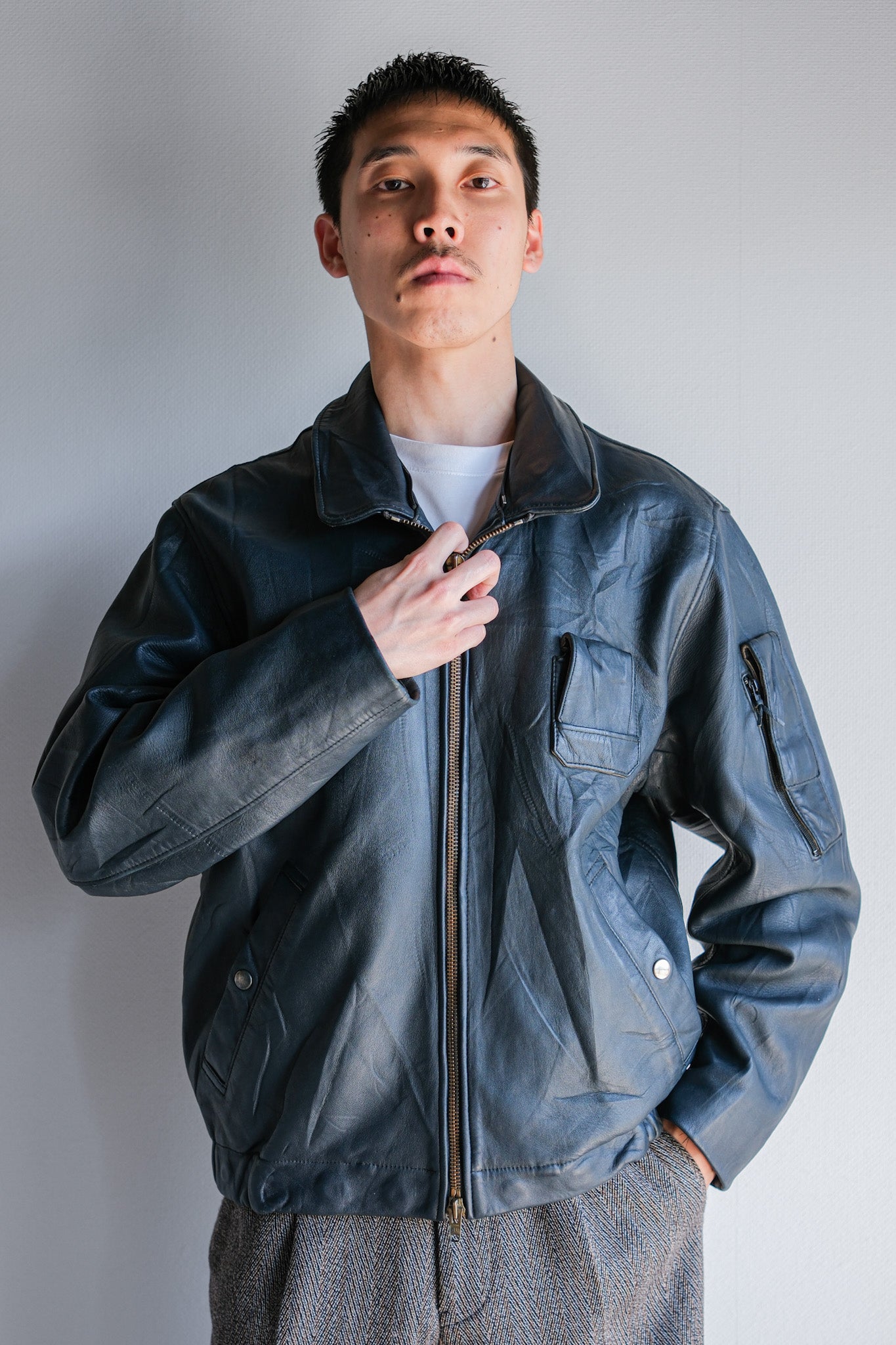 【~70's】French Air Force Pilot Leather Jacket With Chin Strap Size.96M