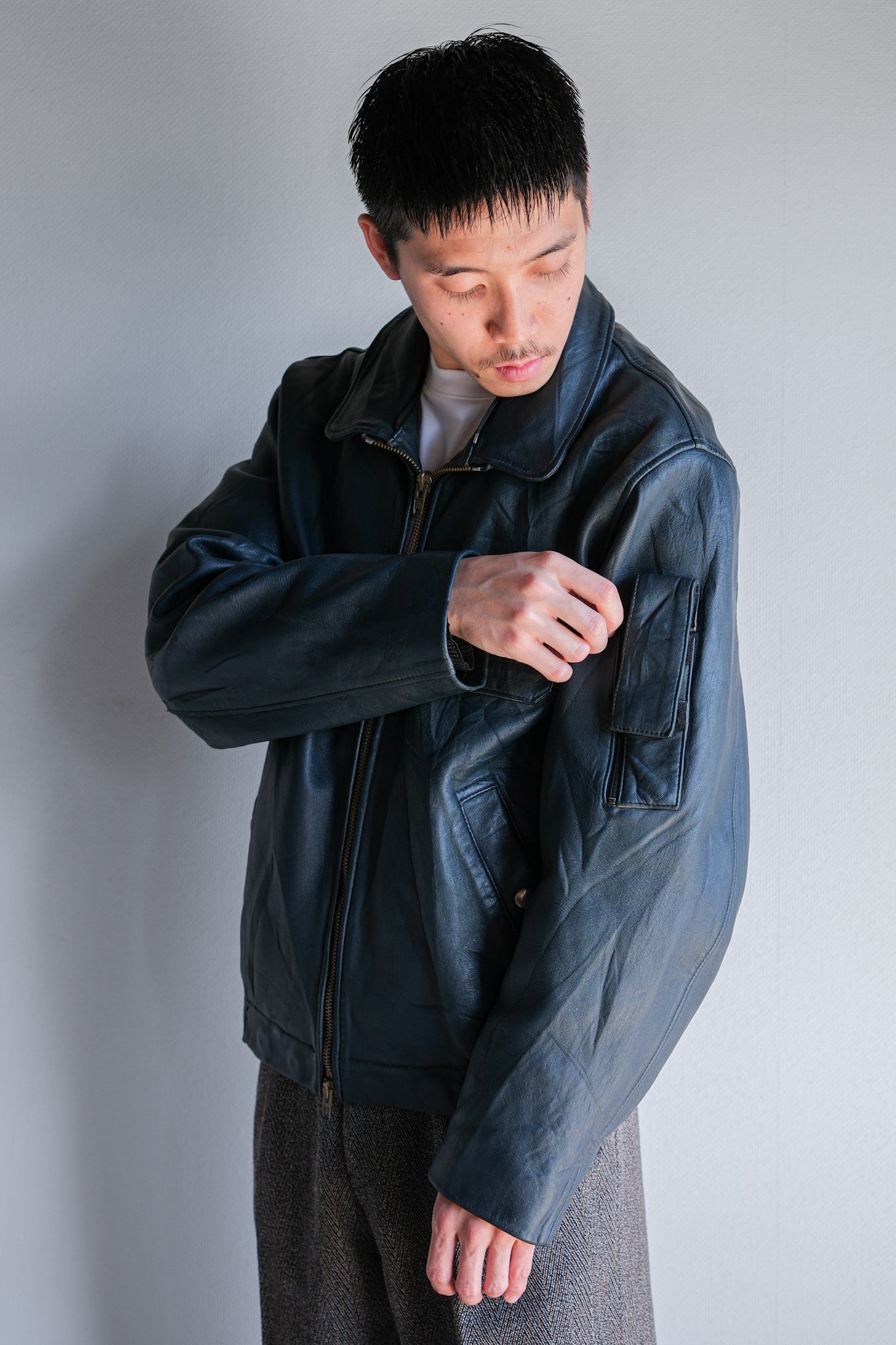 【~70's】French Air Force Pilot Leather Jacket With Chin Strap Size.96M